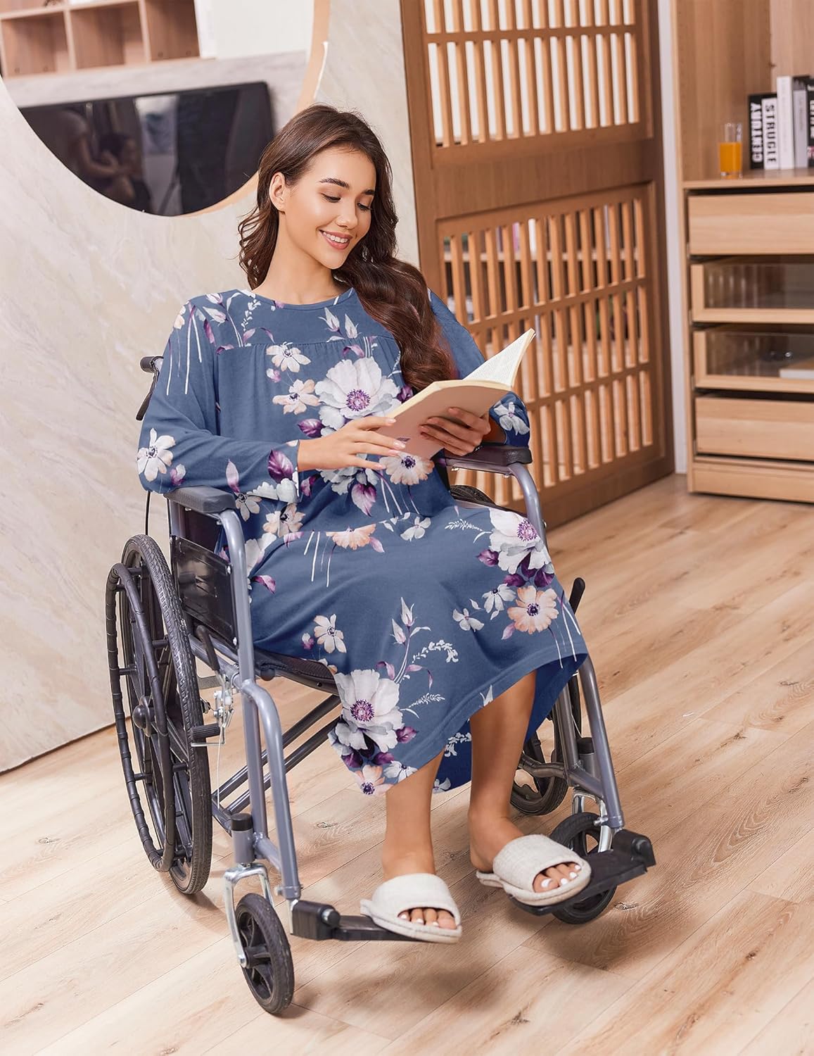 Deyeek Hospital Gowns for Women Tear Away Snap Open Back Dress Long Sleeve Post Surgery Adaptive Nightgown with Pockets - Image 6