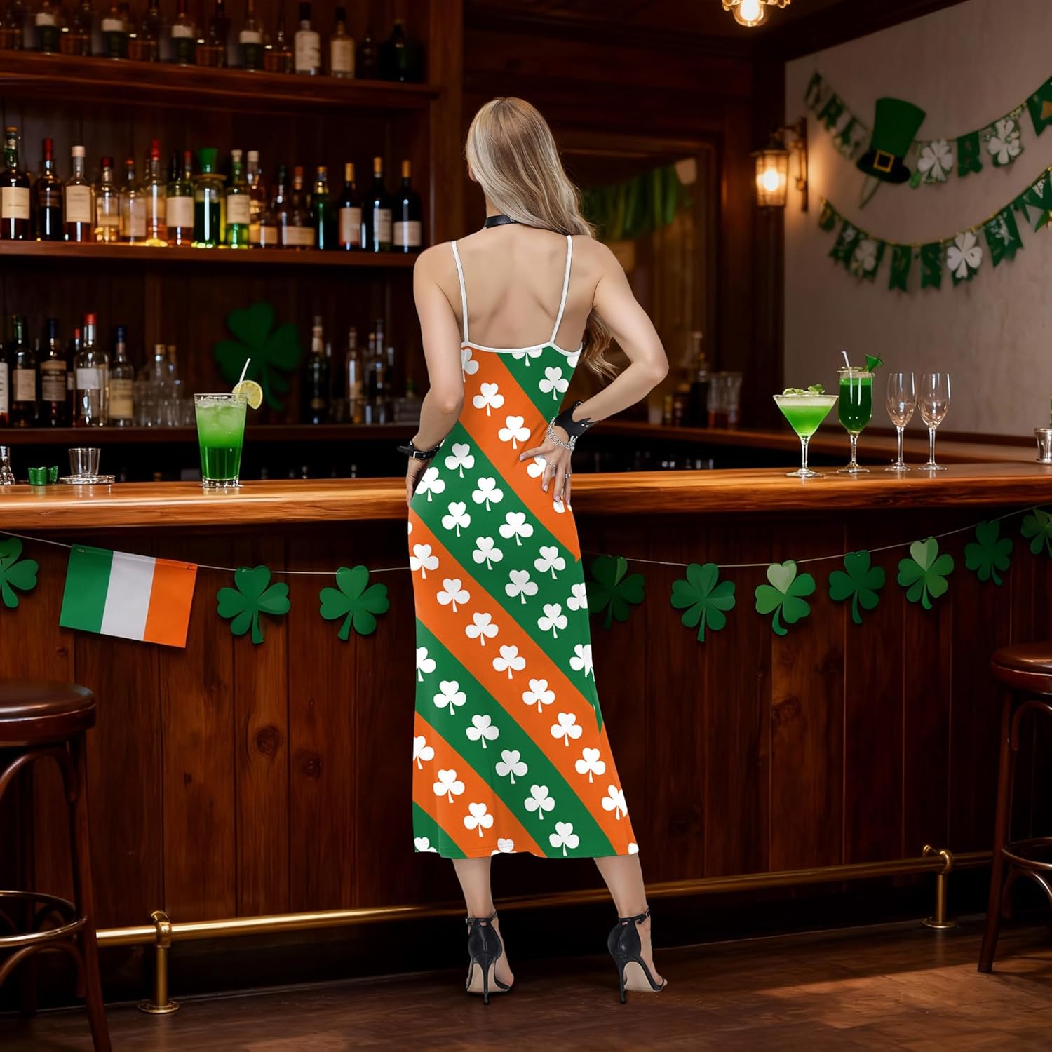 Women St Patrick's Day Shamrock Clover Printed Spaghetti Strap Bodycon Maxi Dresses - Image 4