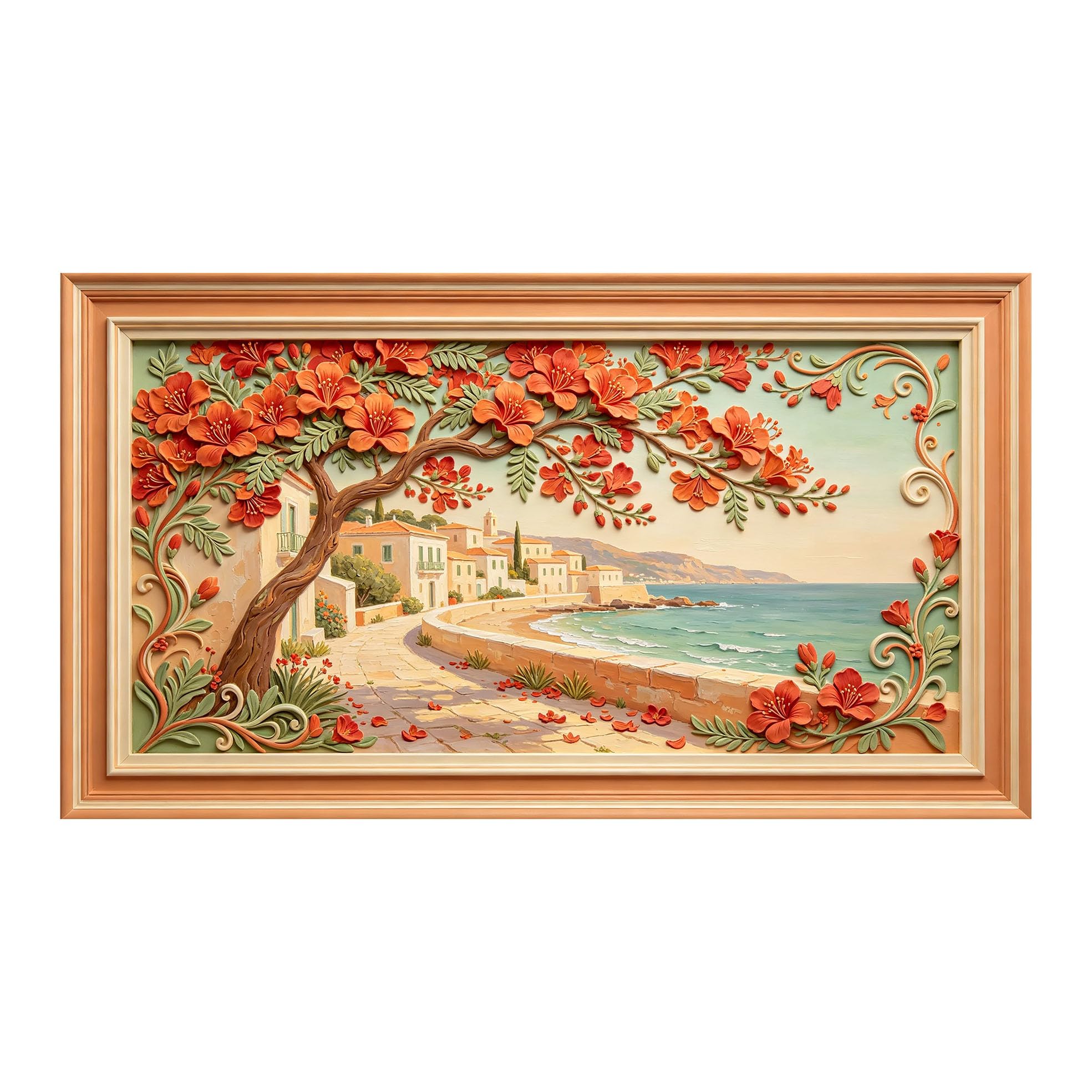 Murasolite 3D Framed Wall Art Coastal Mediterranean Seaside Floral Relief SelfAdhesive Fabric Mural Wall Decor， Peel and Stick No Damage to Wall， AntiFall Safe Design for Bedroom Living Room