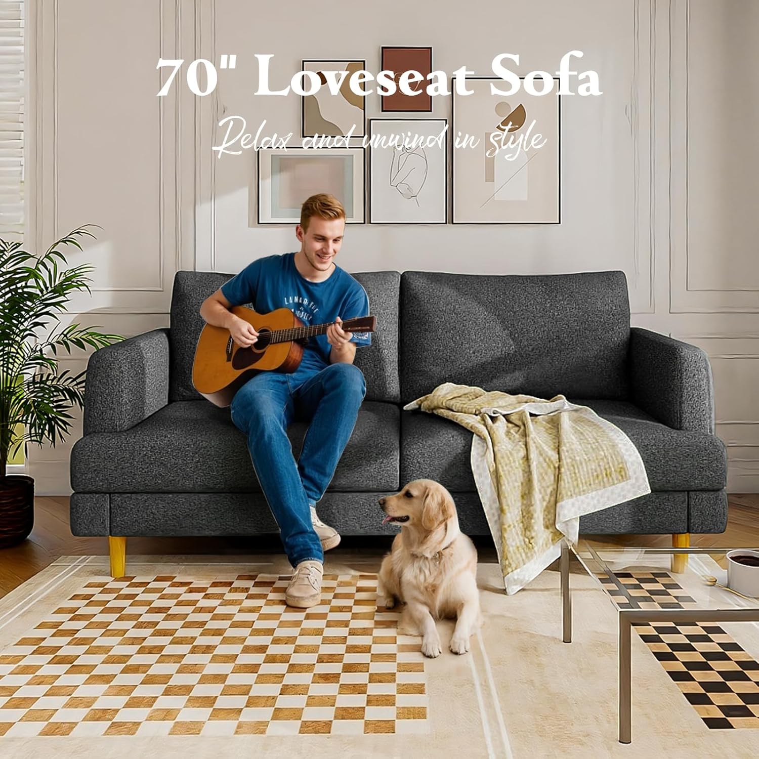 Loveseat Sofa Couch for Living Room with USB Type C Ports – 70" Small Dark Gray Upholstered Couches for Bedroom, Office or Apartment–Modern 2-Seater Deep Seating with Soft Cushions & Sturdy Frame thumbnail