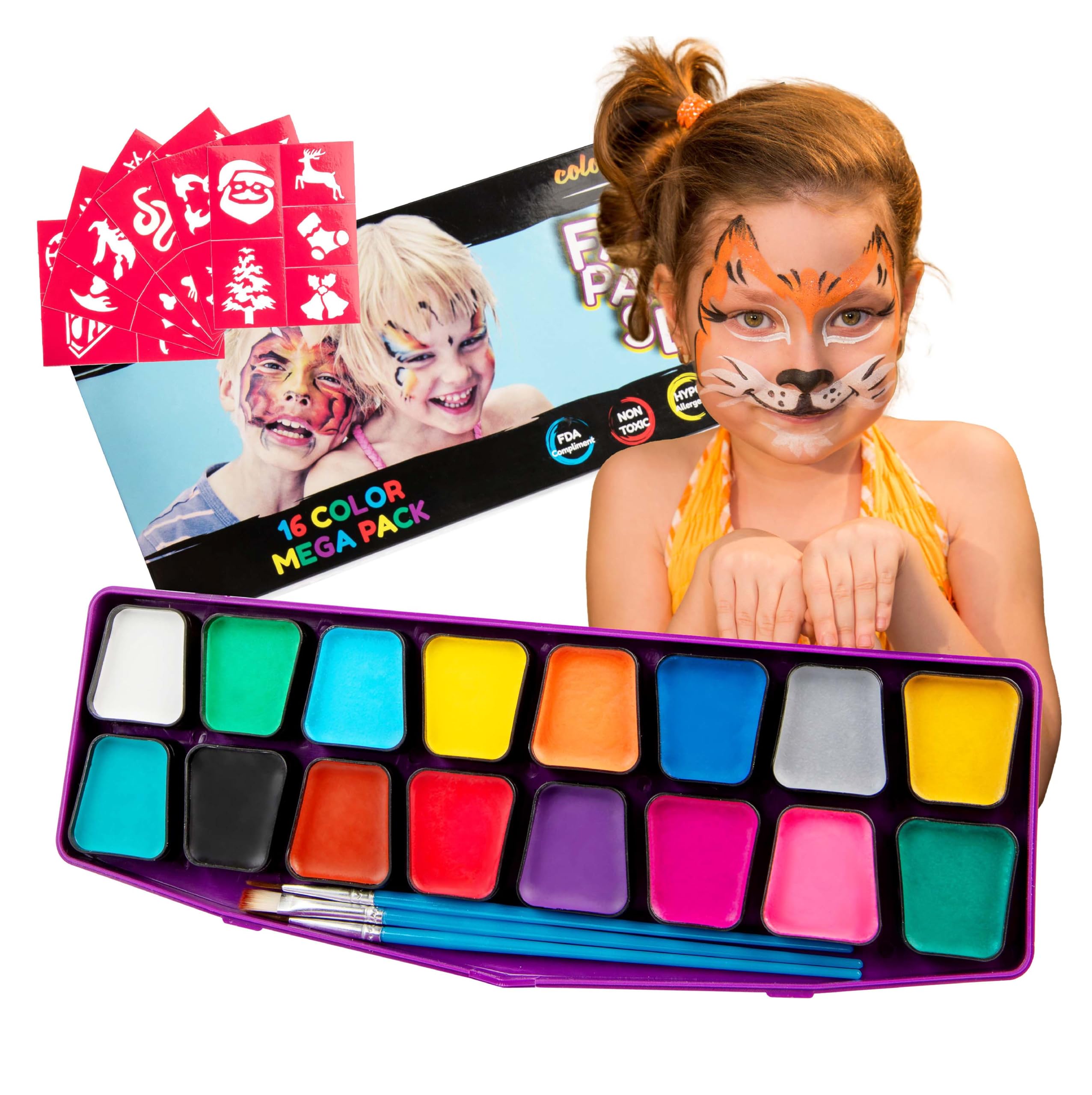 Kids Face Paint Kit - Set of 16 Water-Based Professional Body and Face Paints w/ 3 Painting Brushes & 30 Stencils - Palette for Cosplay, Party and Halloween Makeup