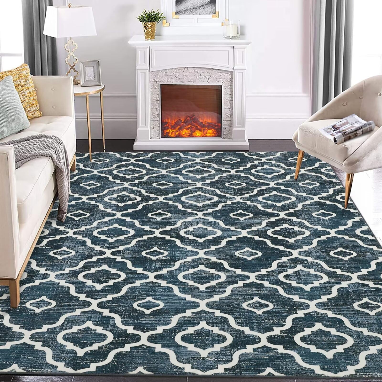Area Rug 9x12 Non Slip Modern Rug Thin Machine Washable Rug No Shedding Large Rug with Low Pile for Living Room, Bedroom, Dining Room, Blue