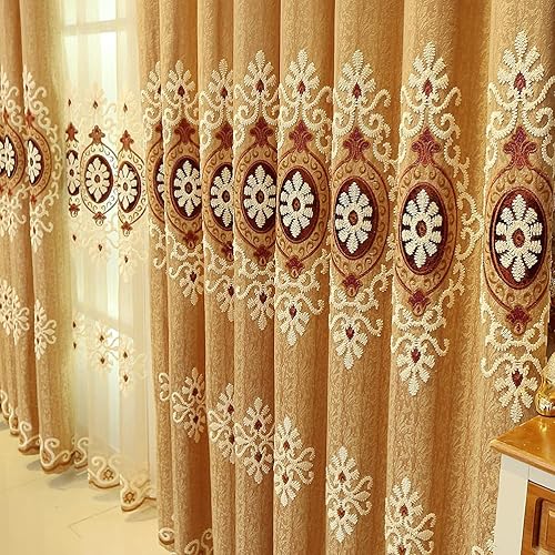 Miniatura 6 de ELKCA Cortinas bordadas de jacquard para dormitorio, cortinas amarillas de lujo, para sala de estar, con ojales, 2 paneles (amarillo, 52.0 in de