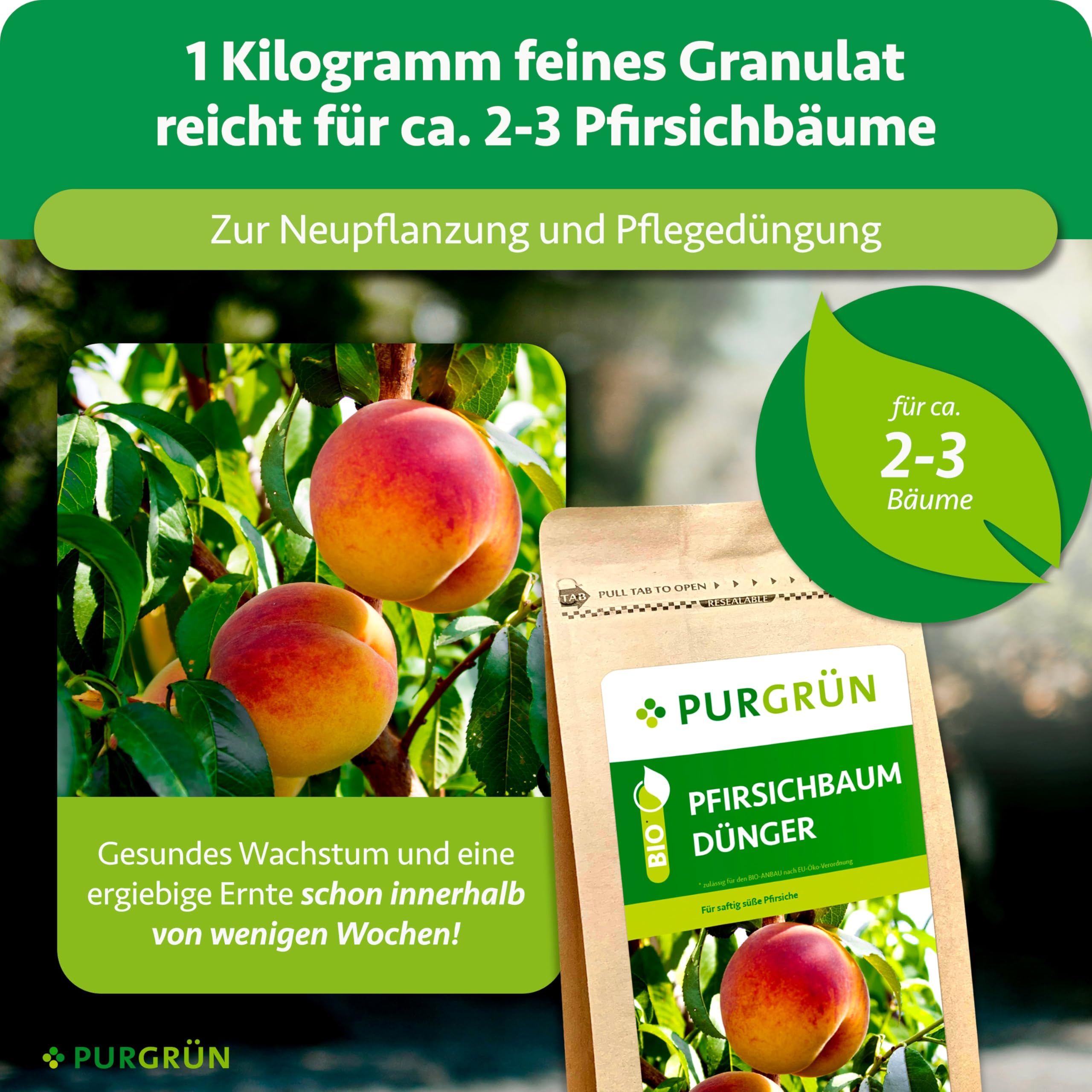 Bio-Pfirsichbaum-Dünger 1 kg – Organisch-mineralische Rezeptur – Feinkörniges Krümelgranulat – NPK 6+3+8 – Mit Magnesium für süße Pfirsiche – Verbessert die Bodenqualität – Chloridarm