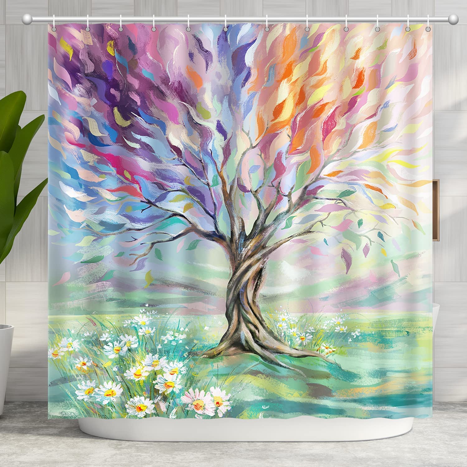 SYOSI Oil Painting Tree Shower Curtain, Colored Seasons Tree Shower Curtain for Bathroom with Hooks, Polyester Fabric Washable Shower Curtains Sets Decorative Waterproof Bath Curtain 180cm*180cm