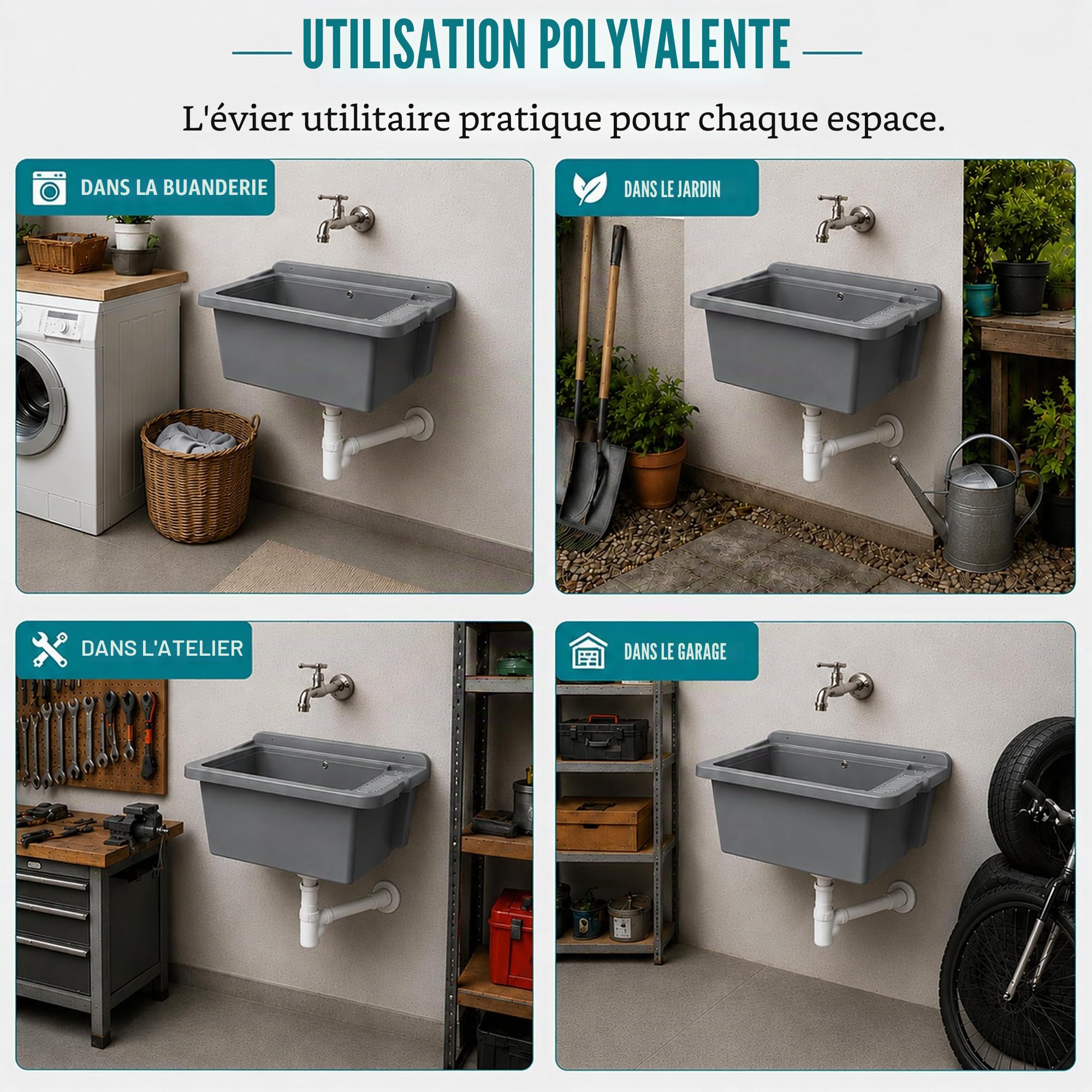 Bassin de vidange Lavabo Évier Bac à laver extérieur pour jardin, garage, cave, cuisine, atelier Grand bassin (Gris)