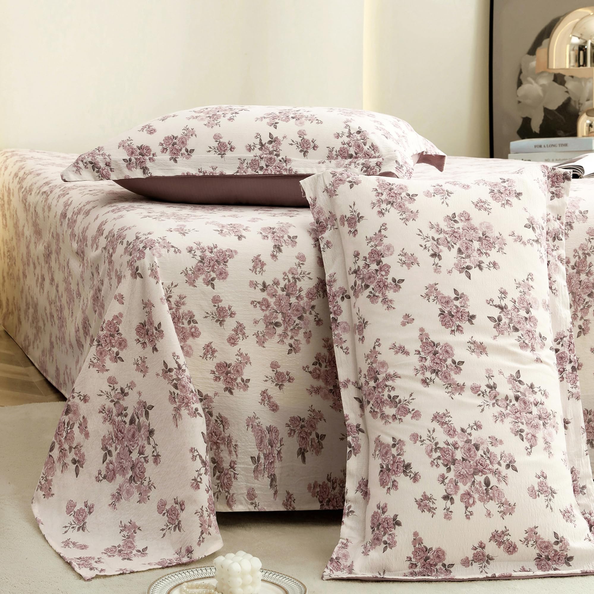 Story@Home King Size Air Cotton Bedsheet 240 TC Flat Sheet with 2 Pillow Covers, Soft & Durable Bed Sheet for King Bed (270 x 250 cm, Floral Print, Light Purple & White)