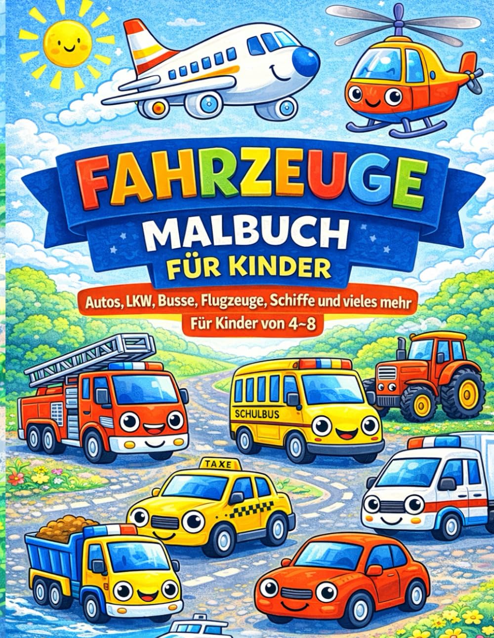 Fahrzeuge Malbuch für Kinder von 4–8 Jahren: Spaßige und einfache Ausmalbilder mit Autos, Bussen, LKWs, Flugzeugen und vielen weiteren Fahrzeugen
