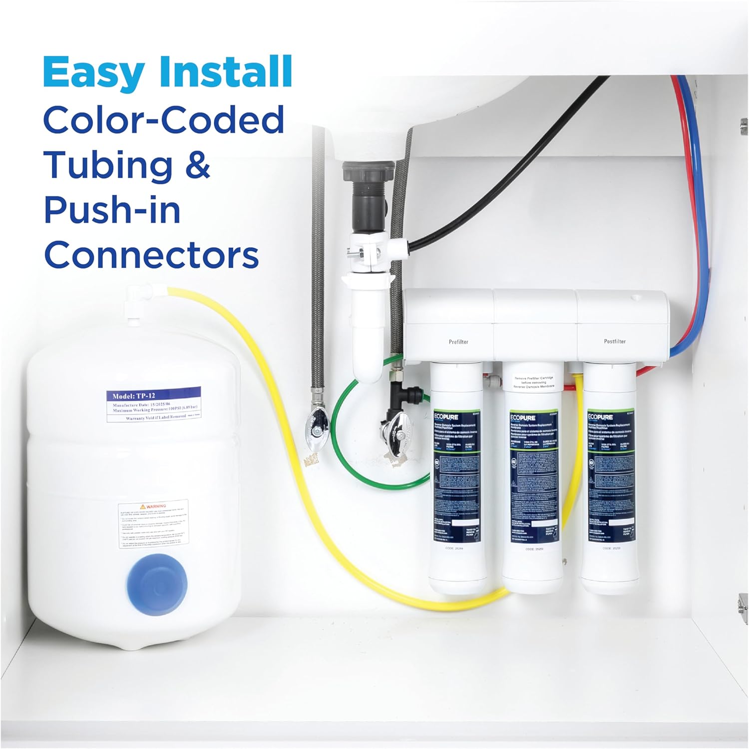 EcoPure ECOP30 Premium Reverse Osmosis System – Under Sink Drinking Water Filter System – NSF-Certified – Reduces Lead, Chlorine, and TDS –Bottled-Quality Water – Easy Filter Changes