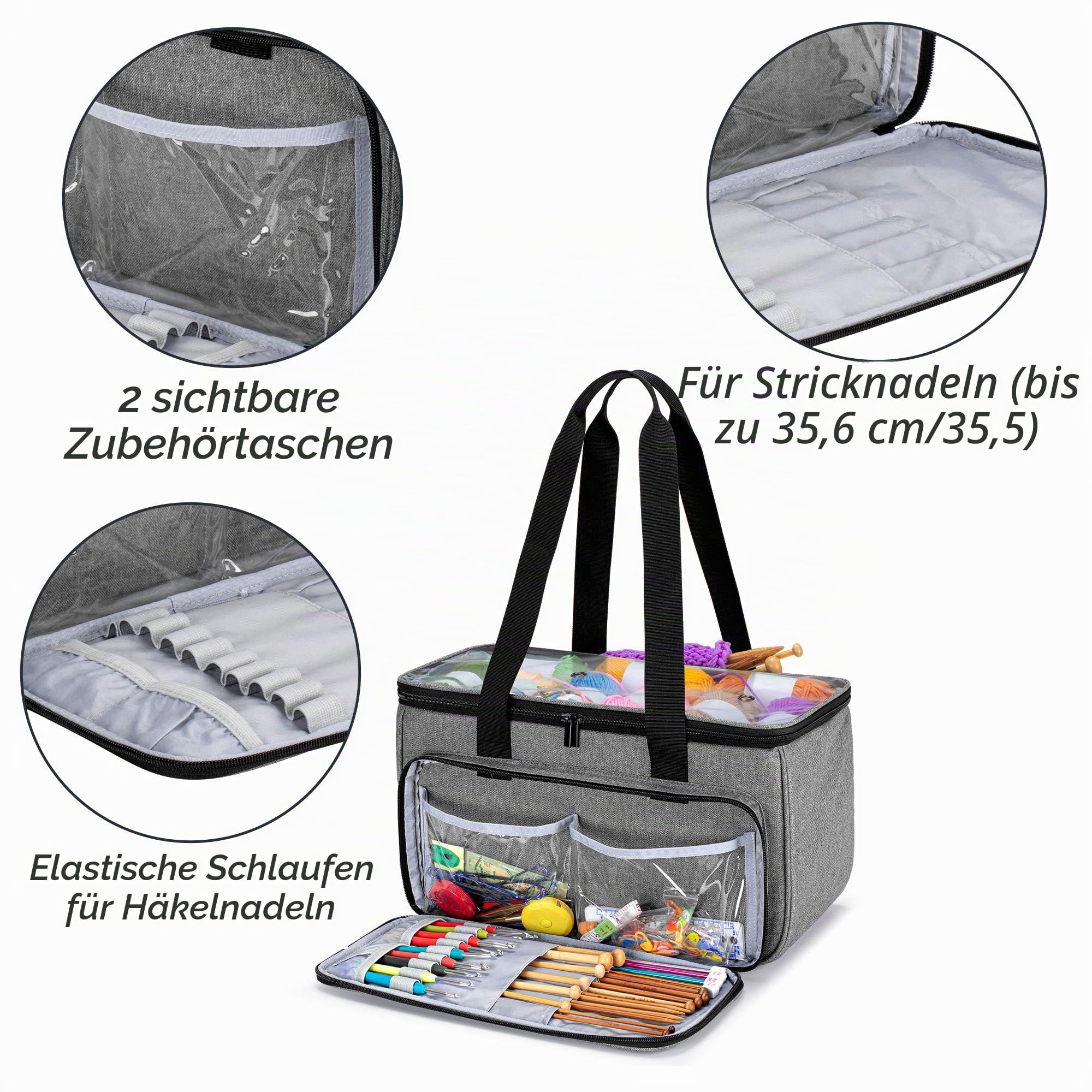 Yarwo Stricktasche für Wolle, Handarbeitstasche, Grau mit Pfeilmuster | Mit 2 Großen Fächern für Wolle, Transparenter Abdeckung, 4 Ösen und Frontfach mit Transparenten Taschen für Strickprojekte