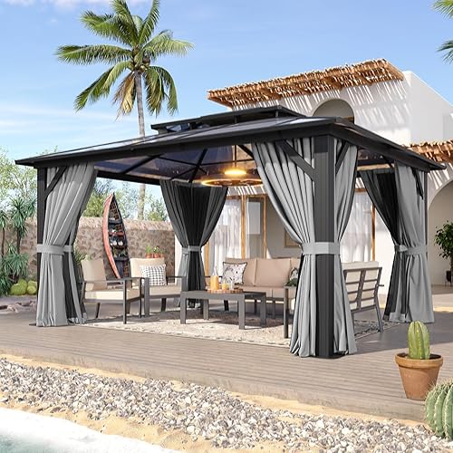 Vista 99 de Aoxun - Gazebo con techo rígido para jardines, patios con cemento o césped, pabellón permanente de policarbonato con doble techo, marco de aluminio