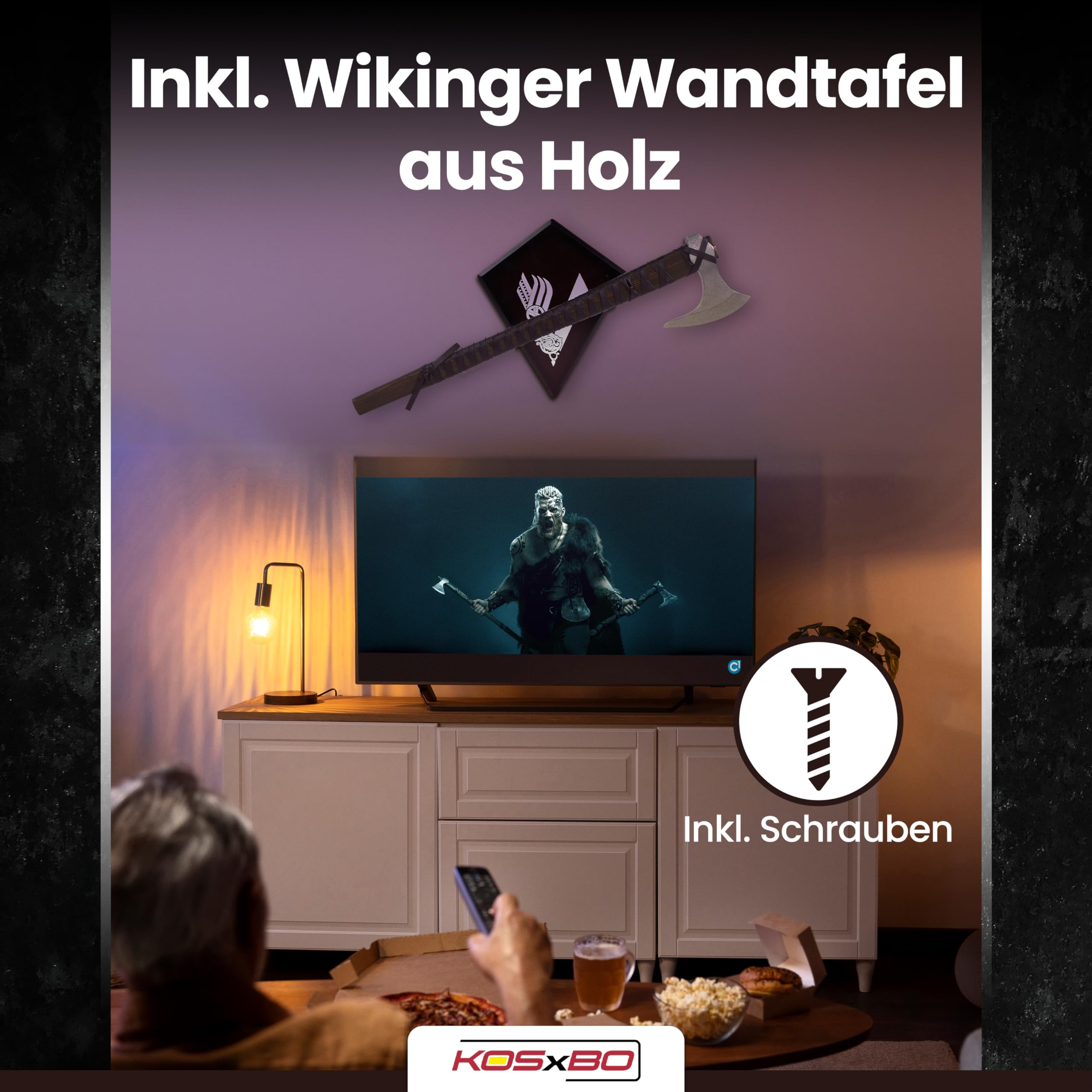 Wikinger Axt - Ragnar Lothbroks Kriegsaxt - Kampfaxt Vikinger - Streitaxt Metall - 63 cm Deko Wikinger Kampfaxt mit Schild aus Holz