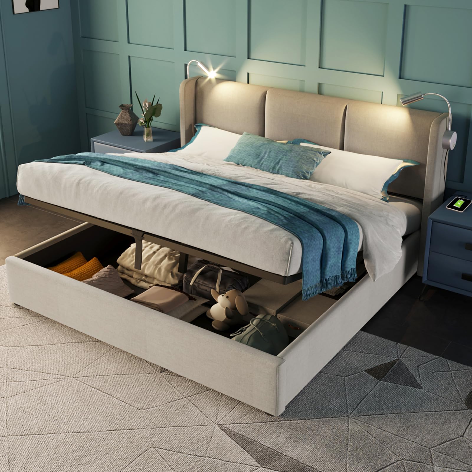 PerGar Cama Matrimonio 160x200, Cama 160x200 con almacenaje, Canape con Cabecero, Camas matrimoniales con luz de Lectura y somier, Moderne Camas Juvenil, Hidráulica Espacio, Lino, Beige, Sin Colchon