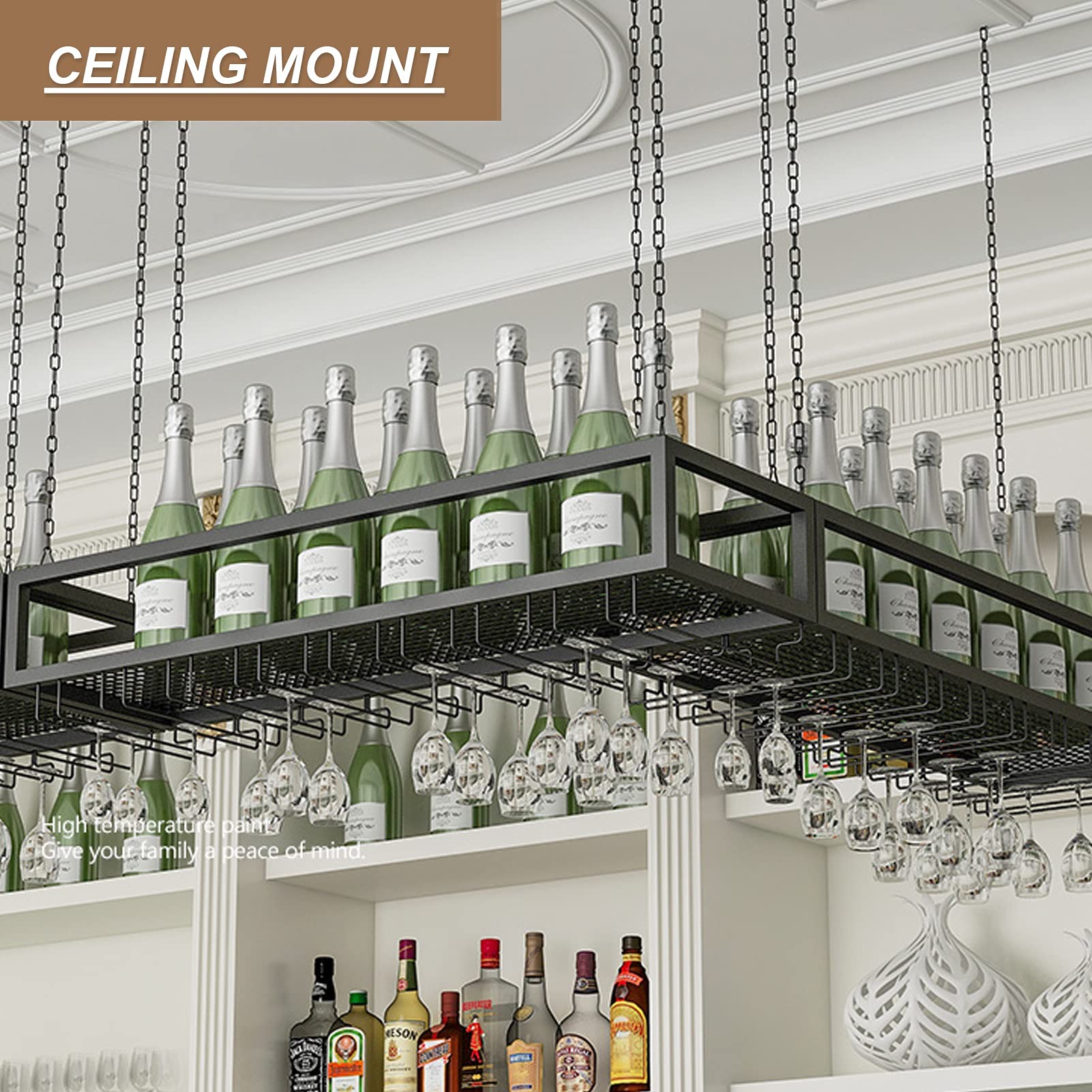Aan de muur gemonteerde wijnrekken met glazen houder, eigentijds aan de muur gemonteerd wijnrek met LED-licht, metalen zwevende planken voor drankflessen en wijnglazen voor thuis,bar,Black-150x25x55CM