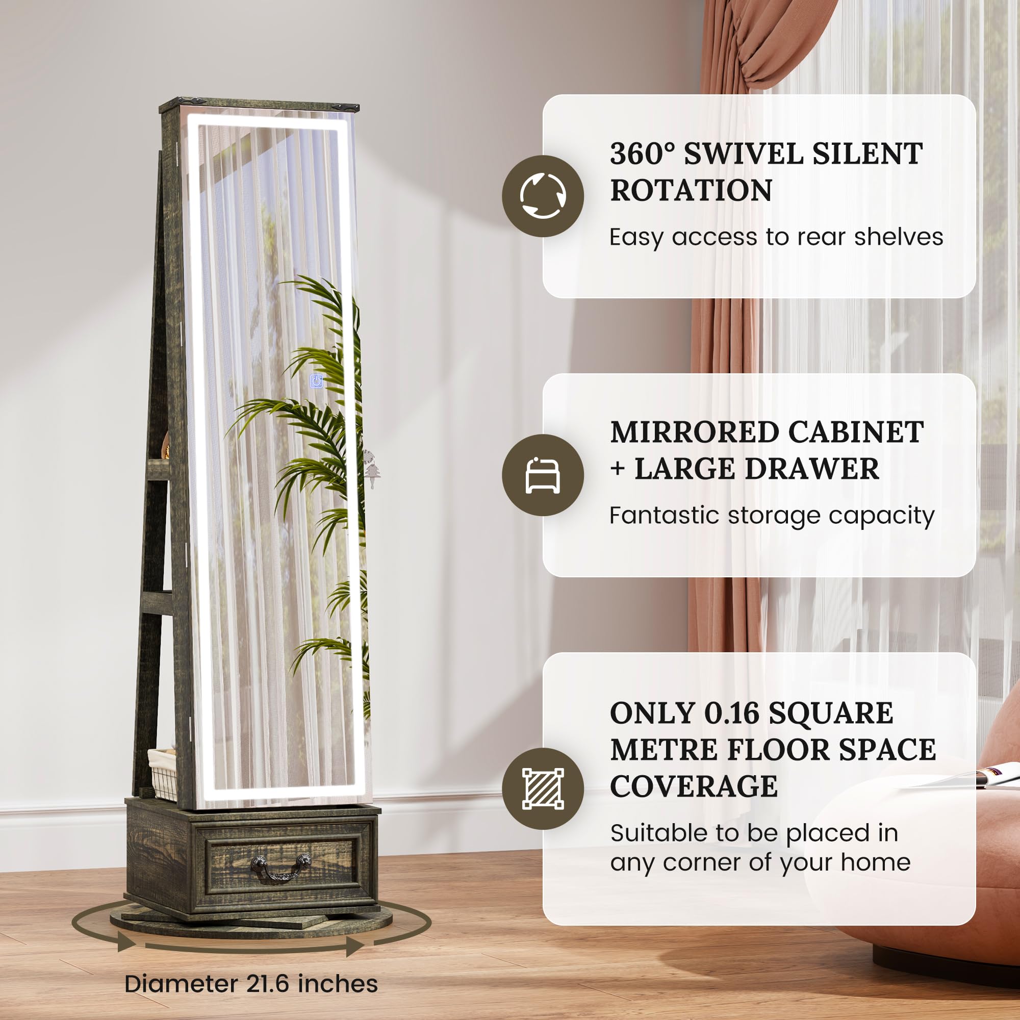 LVSOMT LED Mirror Jewelry Cabinet Standing, 360ยฐSwivel Jewelry Armoire with Full Length Mirror, Mirror with Jewelry Storage and Large Wooden Drawer for Christmas Gifts (): Rustic Grey