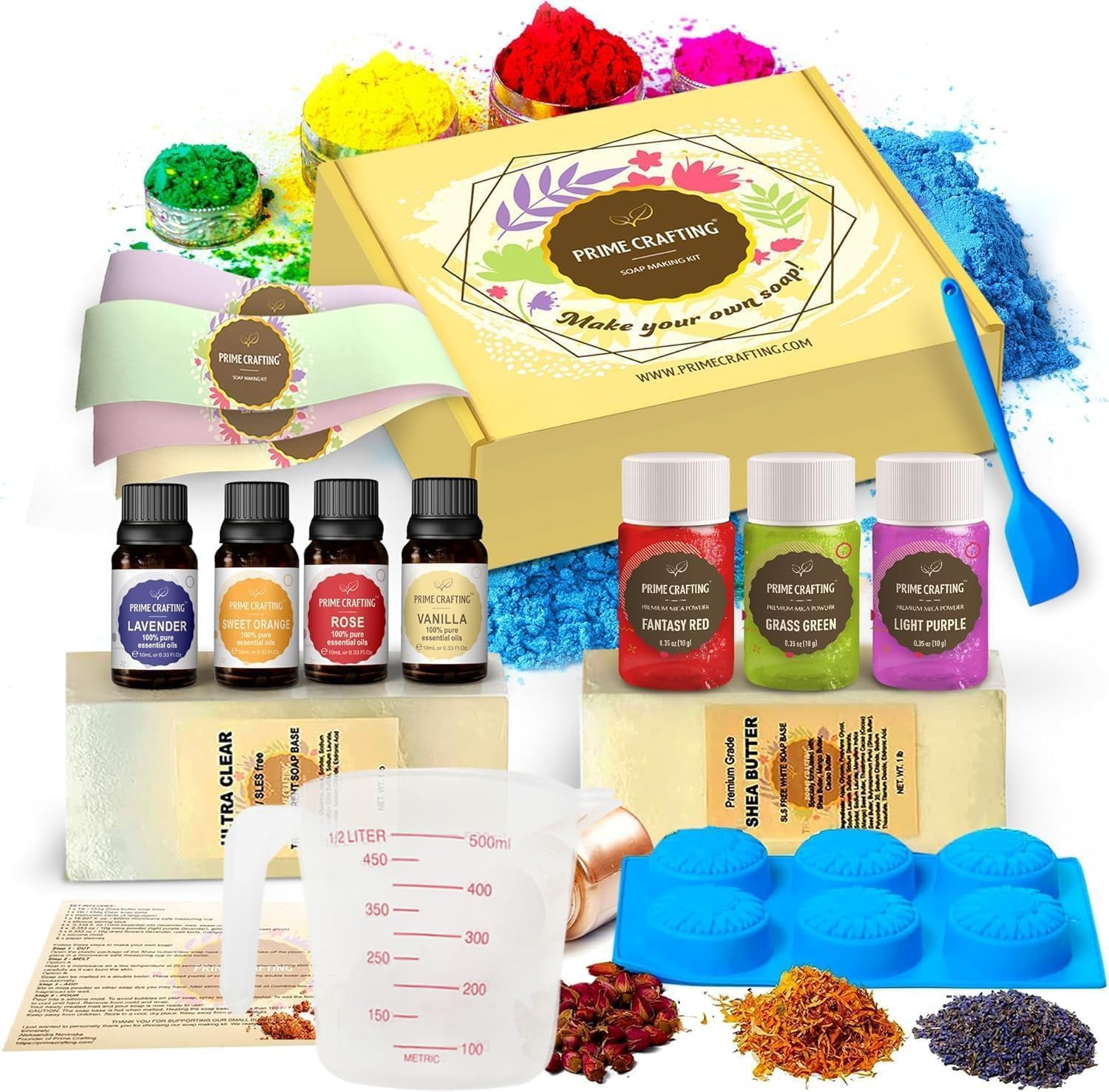 DIY Cleaning soap Making Equipment, 2 Cleaning soap Bases, 4 Mica Powders, 4 Important Oils, Silicone Mould, Spatula, Dried Flowers