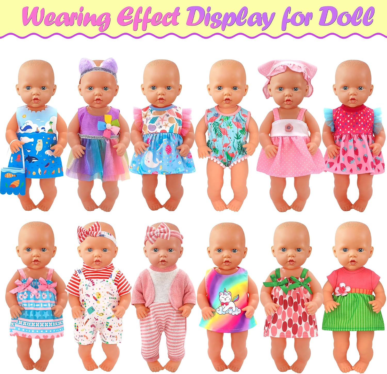 ebuddy 12 Sets Alive Baby Doll Clothes & Accessories Set for 10-12 Inch Dolls, 9 Dresses, 1 Swimsuit, 2 Outfits with Headbands & Bag - Mix and Match Outfits for Kids (No Doll)