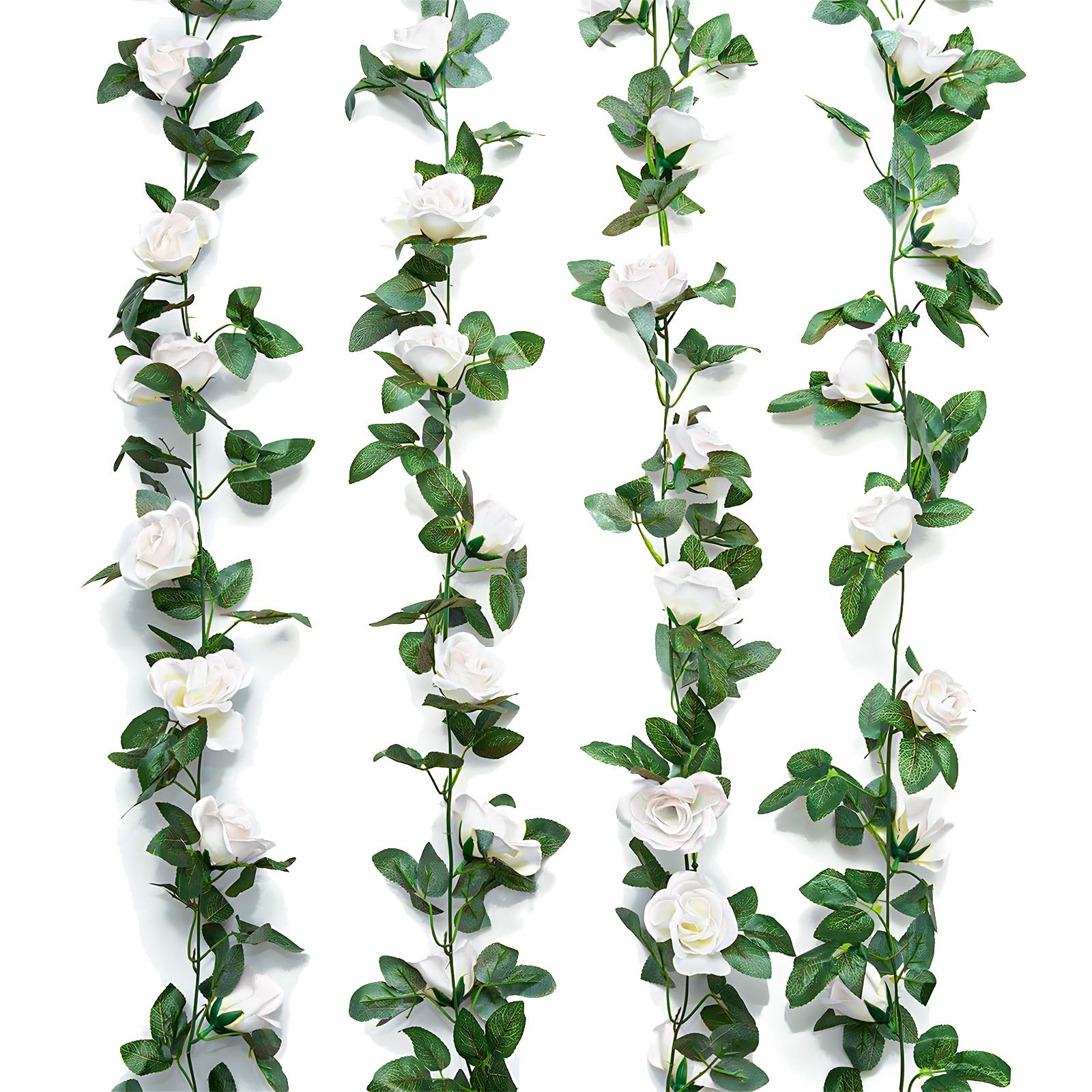 CECOMBINE 4PCS Artificial Flower Garlands, 28.8ft Silk Rose Vine Garland with 64 Flowers, Spring Garland, White Floral Garland for Wedding Party Background Arch Garden and Home Decor(White)