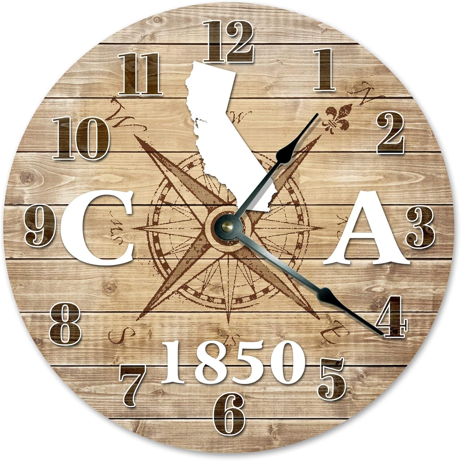 California Established Silent Non Ticking Round Battery Operated Handmade Hanging Large10.5 Inch Wall Clock for Bedroom Office Cottage Decoration