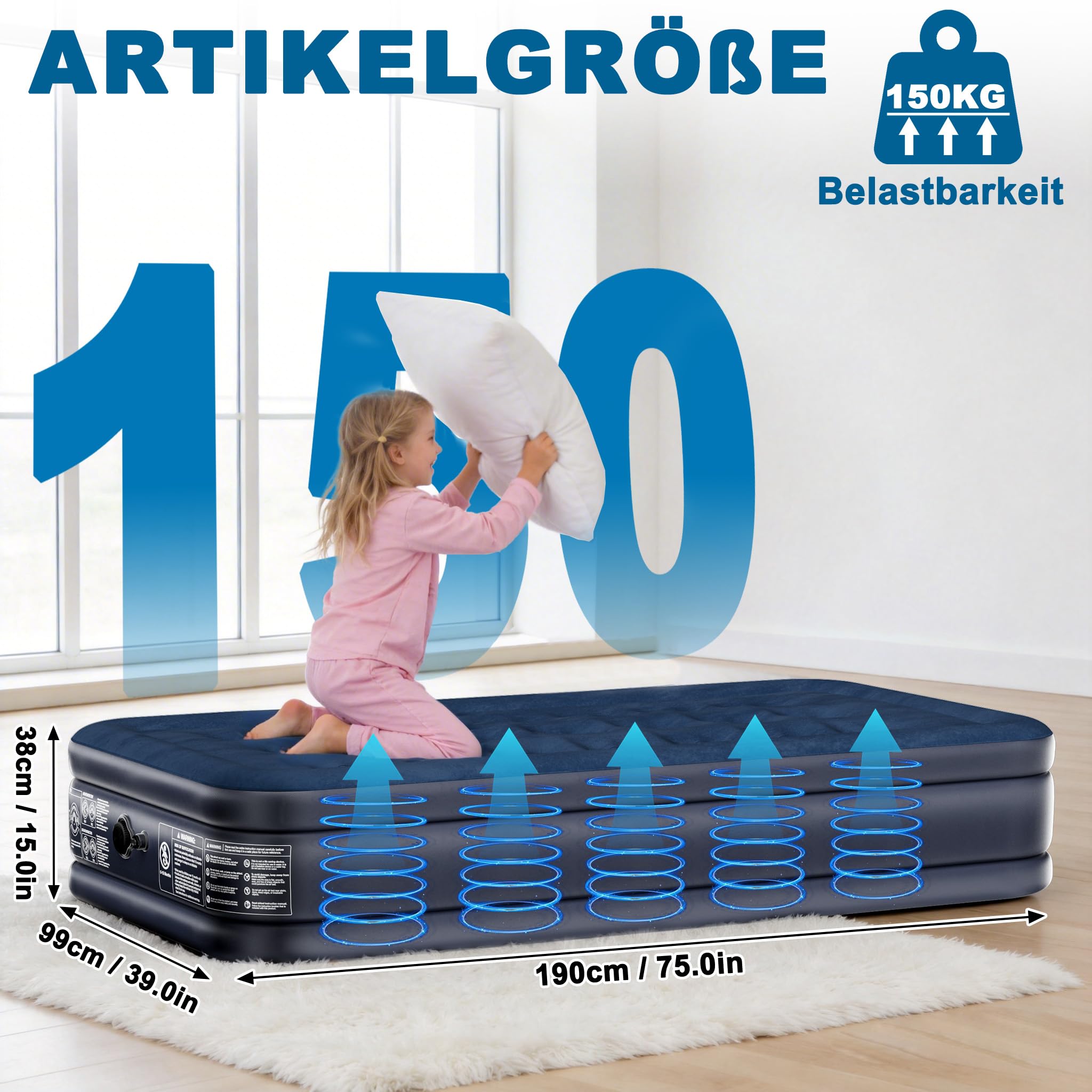 AufuN Luftmatratze, Aufblasbare Matratze mit Integrierter Pumpe, Selbstaufblasend in 3 Minuten, Dicke wasserdichte Beflockte Oberfläche, für Heimgebrauch, Camping & Gästebett (190×99×38 cm)