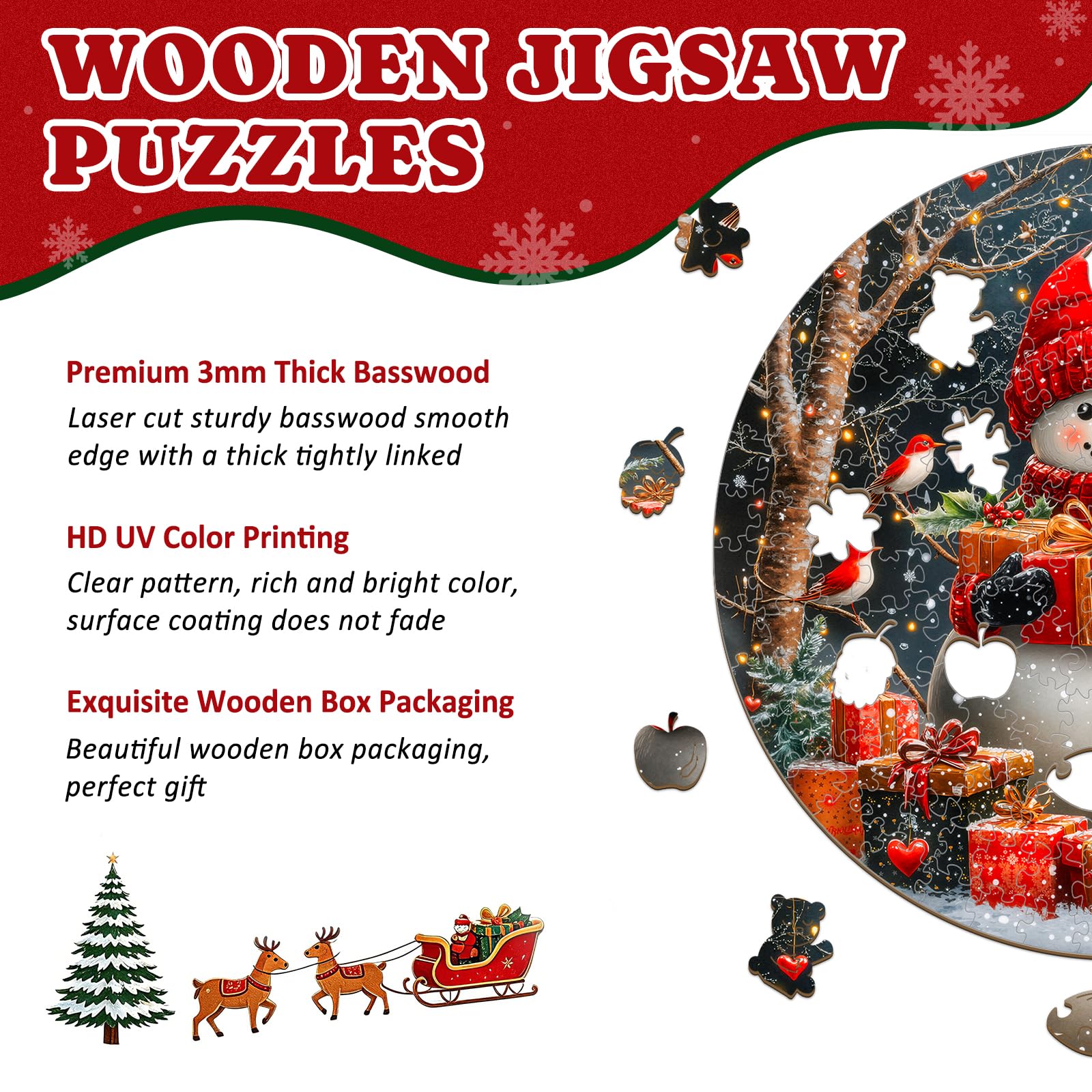 Puzzles de Noël en bois pour adultes – Bonhomme de neige | Pièces de puzzle en bois de forme unique, cadeaux ronds en bois pour les amateurs de puzzle, la famille (34 x 34 cm