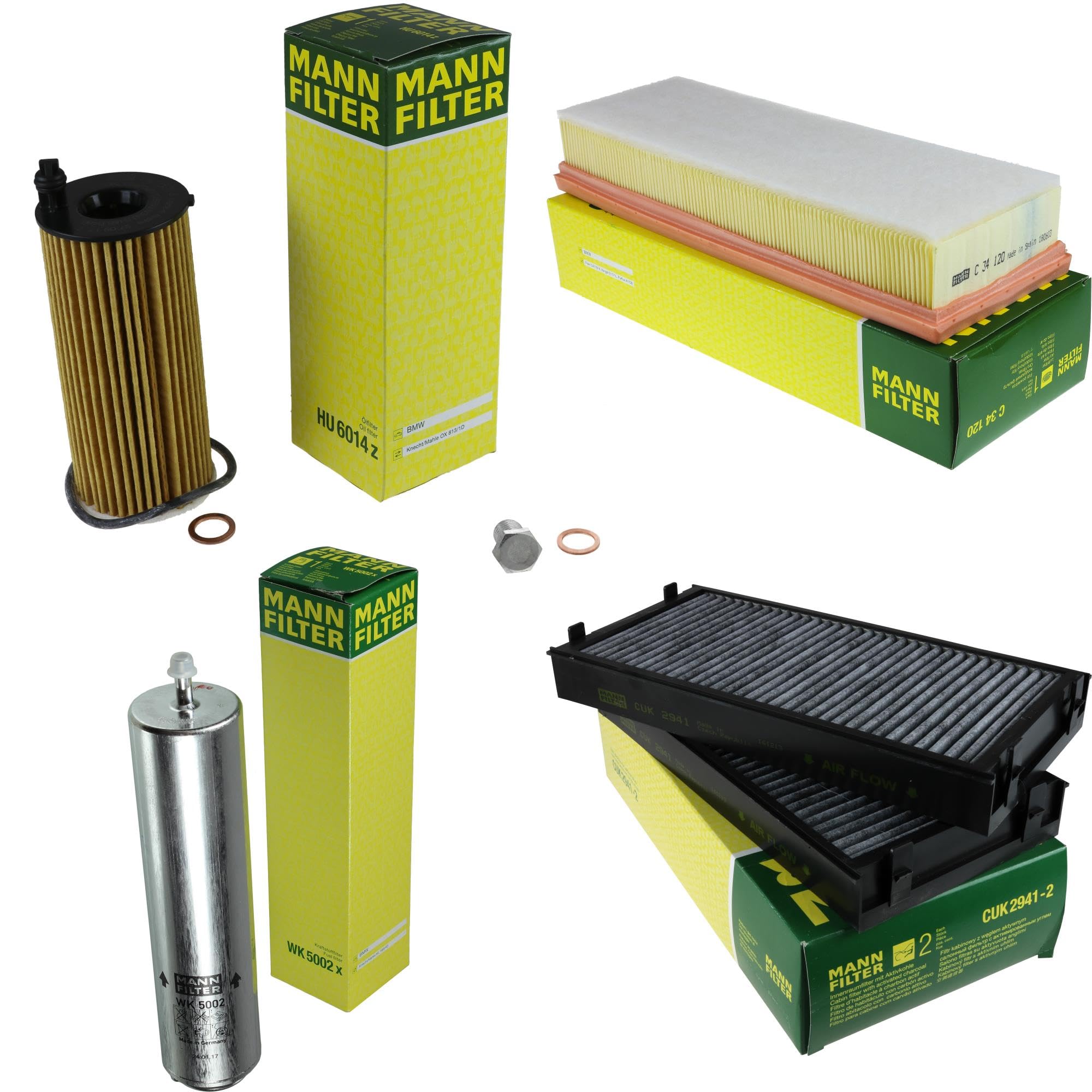 Paquete de inspección Kit de mantenimiento de filtros con filtro de aceite HU 6014 z, filtro de aire C 34 120, filtro de combustible WK 5002 x, filtro de habitáculo CUK 2941-2, tornillo de