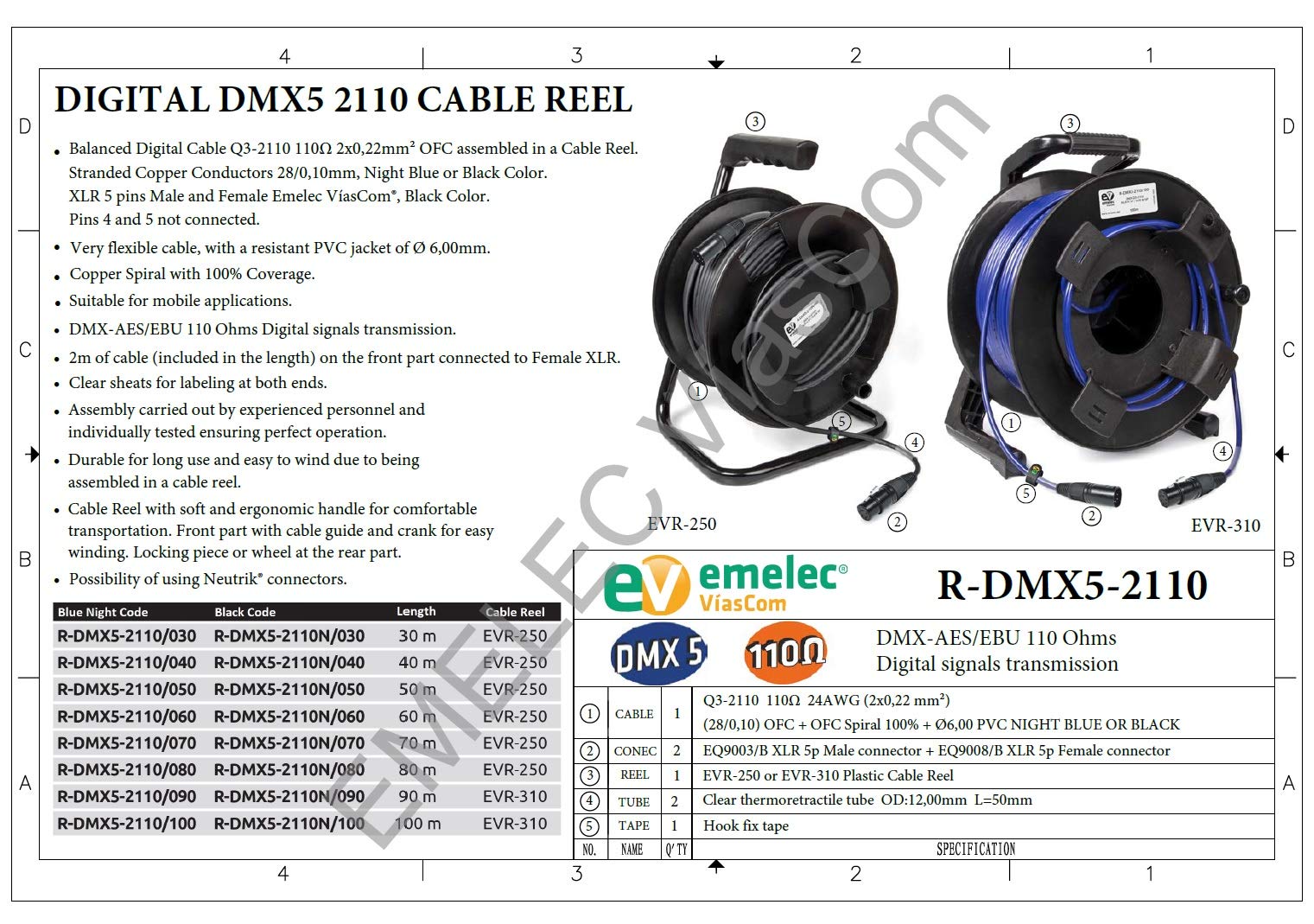 Emelec ViasCom R-DMX5-2110/050 – 50 m Cavo bilanciato digitale DMX 110 Ω OFC 2 x 0,22 mm2 montato su portacavi con XLR 5 pin – colore blu notte – PVC molto flessibile