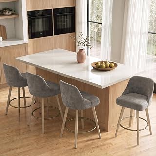Counter Height Bar Stools Set of 4, Modern Swivel Barstools with Back and Wood Legs, Fabric Upholstered Bar Chairs, 26" Seat Height Counter Stools for Kitchen Island,Grey
