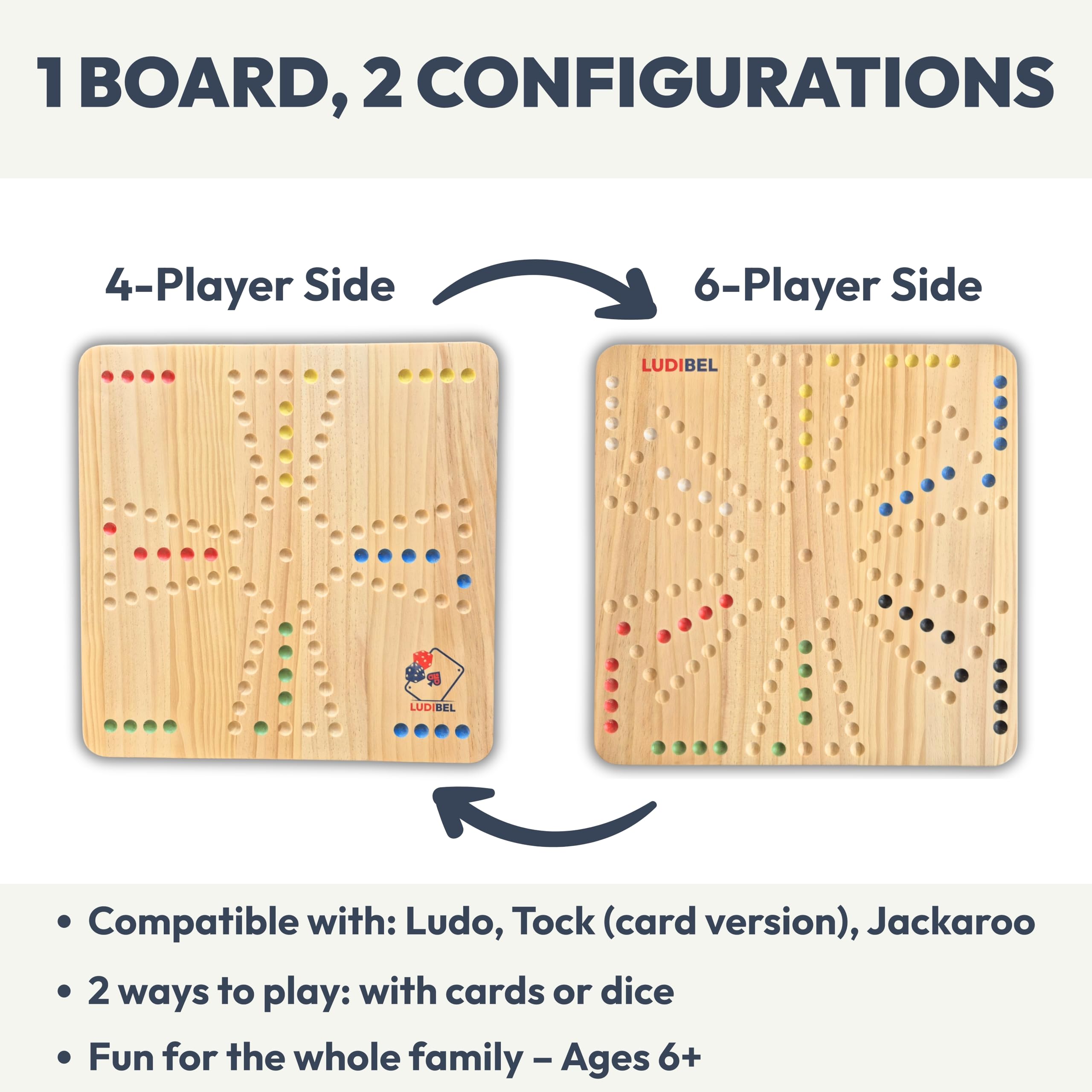 Ludibel XL Wooden Ludo Board Game 4-6 Players, Reversible 40x40cm Solid Pine Board, Compatible with Tock & Jackaroo - Image 2