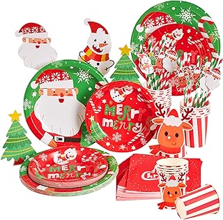 SUNBEAUTY 64 pc Christmas Party Supplies - Red Tableware Set with Plates, Napkins, Cups & Stickers for Holiday Dinner Party (Serves 16)