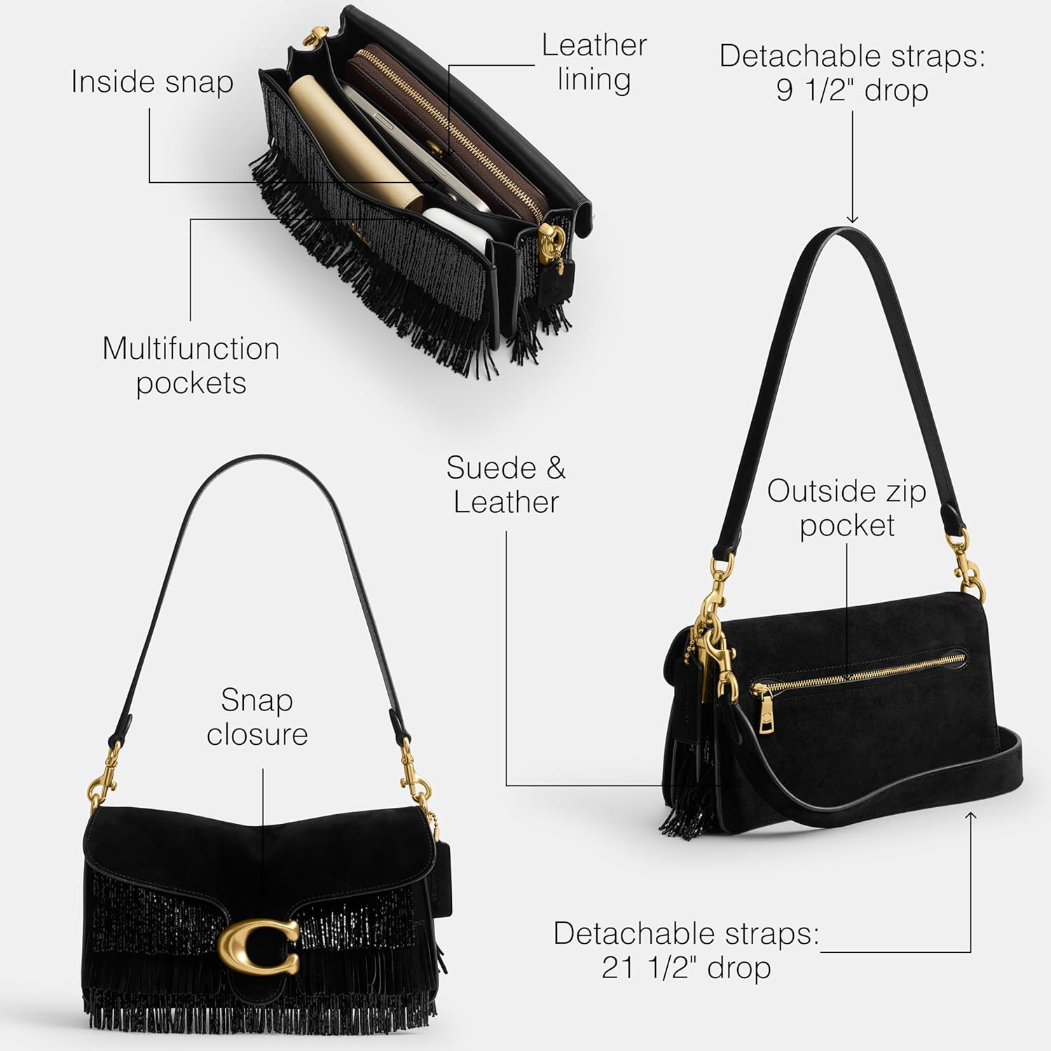 COACH Women's Crystal Beaded Fringe Tabby Shoulder Bag, B4/BLACK, Black, One Size - Image 3