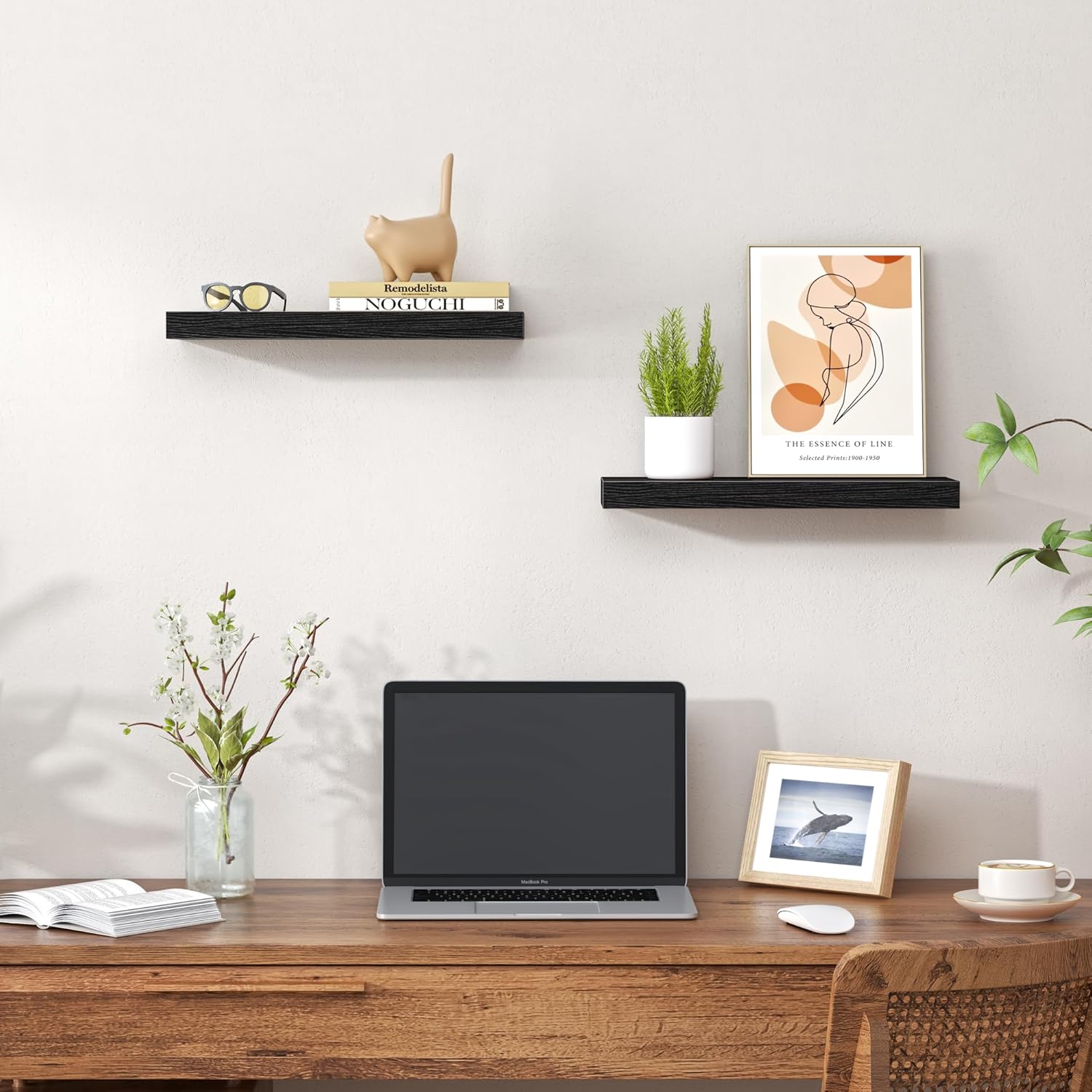 Heimlove Floating Shelves for Wall,16 inchs Shelf for Small Bathroom,Mounted Storage & Display Wood Shelves for Bedroom,Living Room,Kitchen,Office,Set of 2,Black