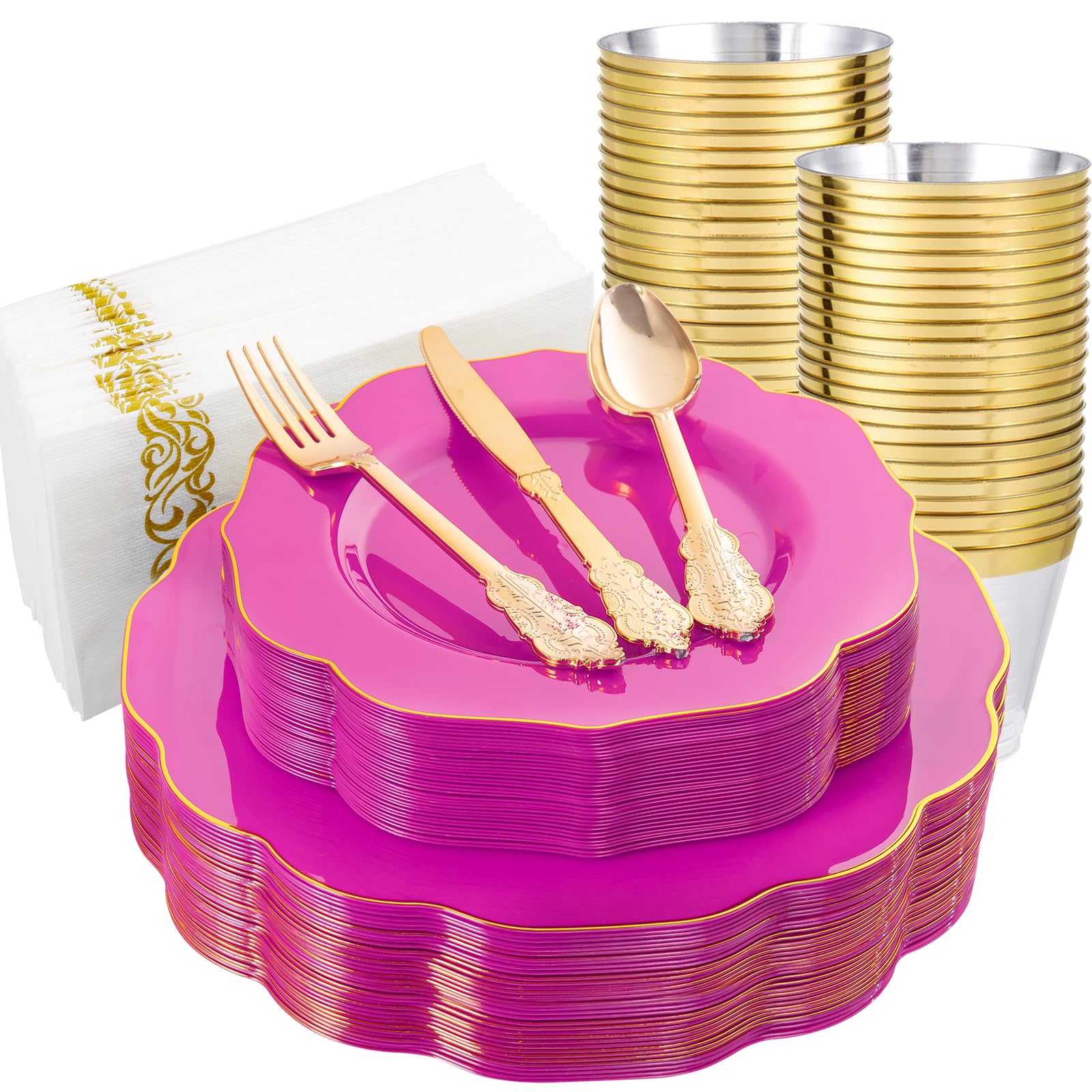 Pink Plates & Gold Cutlery Set - Party Supplies -8 Pink Plates & Gold Cutlery Set - Party Supplies -8