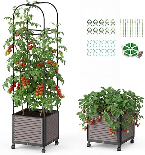 Macetero elevado para cama de jardín con enrejado, macetas de tomate de 61 pulgadas de alto para plantas trepadoras, vegetales, flores de vid, jaula