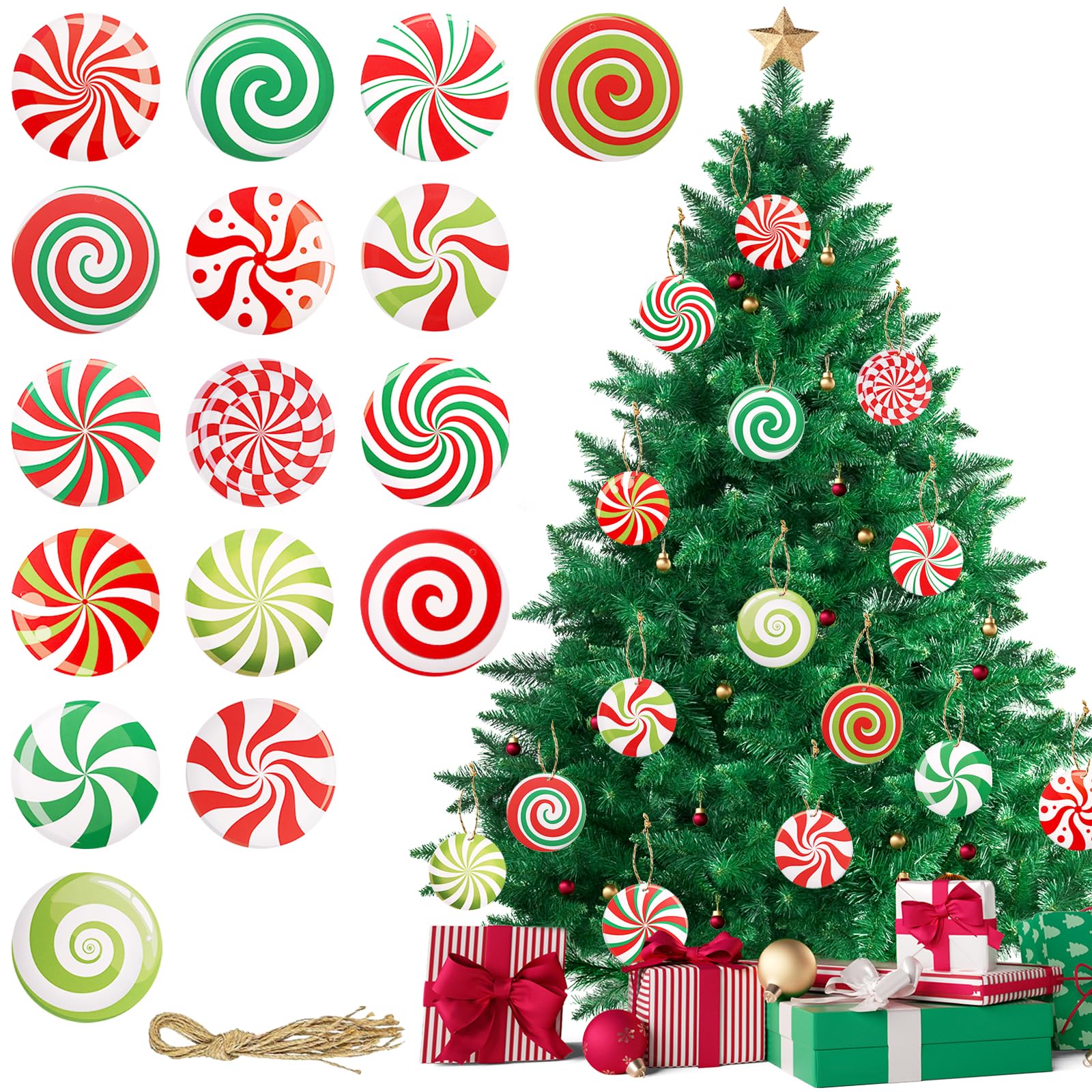 Minicoco16Pcs Christmas Candy Ornaments, Hanging Peppermint Candy Christmas Ornaments Candy Tree Decor Porch and Tree Giant Candy Props for Xmas Tree Sweets Candy Pendant Xmas Tree Party Decor