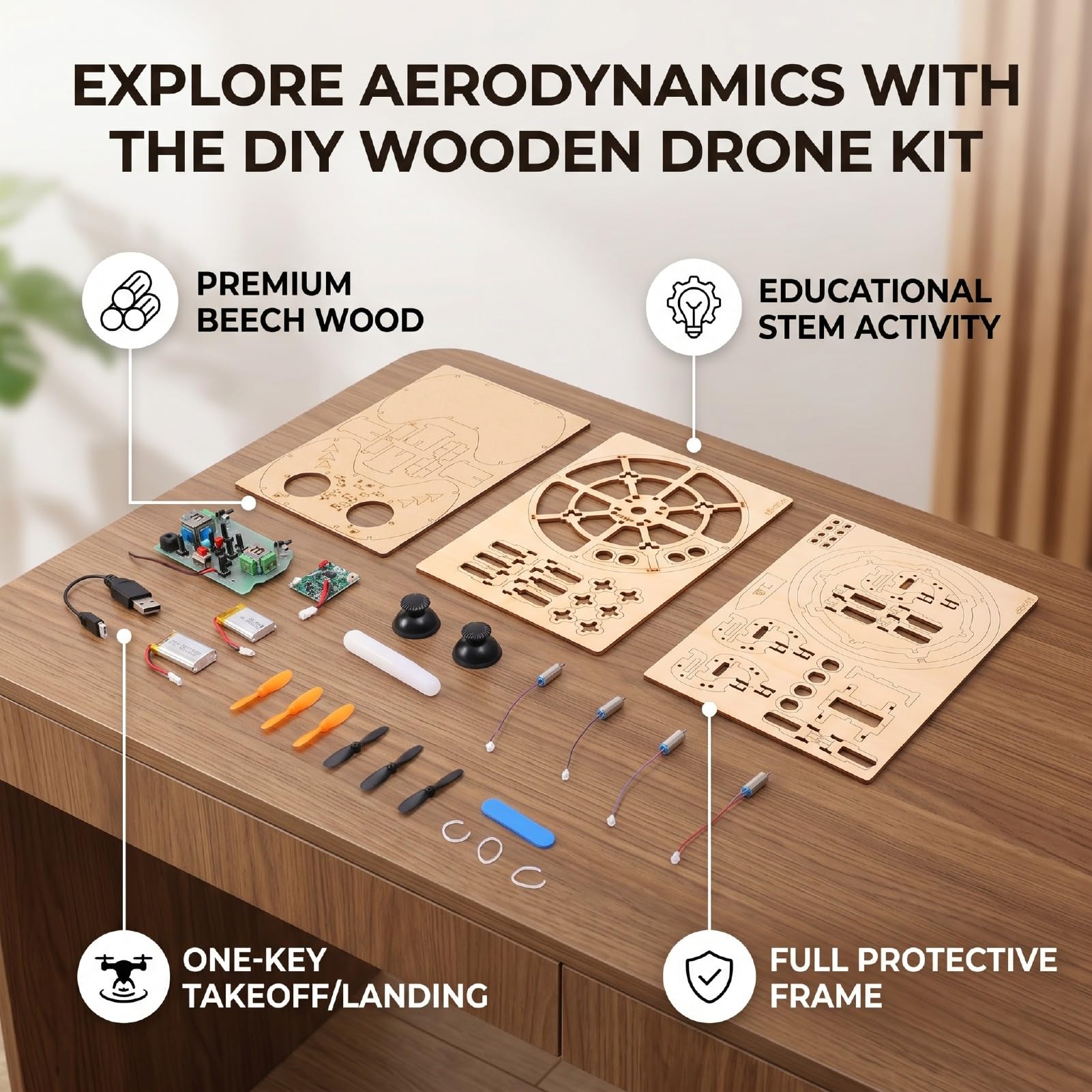 Gugxiom Kit Modello Drone in Legno Fai da Te 3D Building Blocks Quadcopter STEM RC Educativo Drone con una Chiave Decollo Arresto di Emergenza 3 Impostazioni di velocità Giocattolo