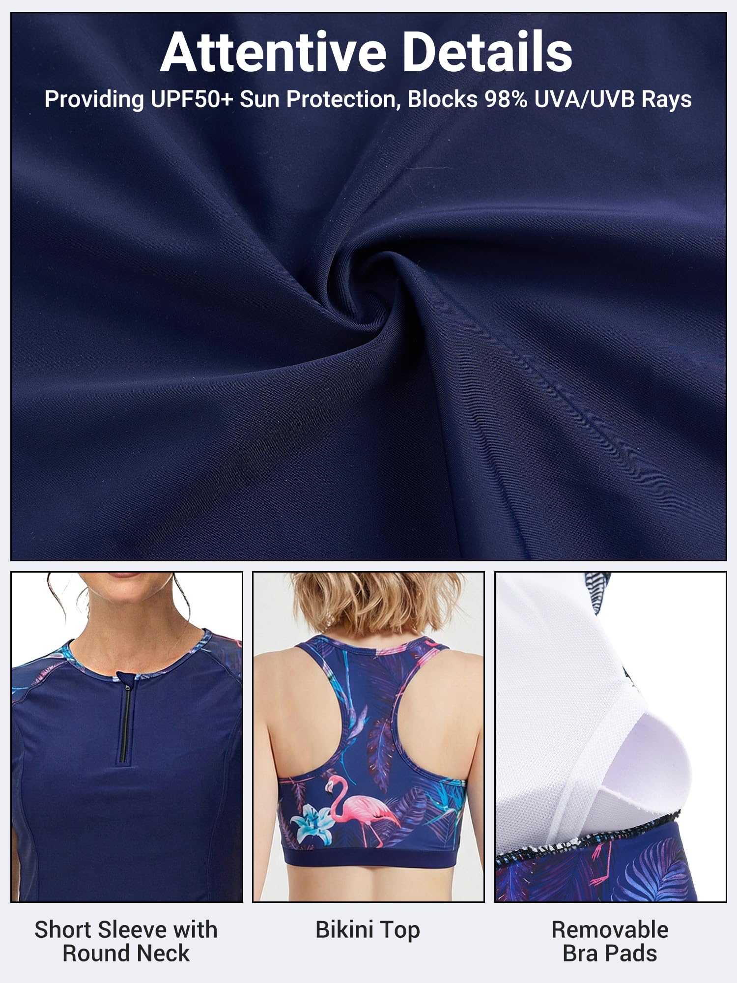 Owntop Rashguard UV Ensemble 3 pièces pour femme – Maillot de bain à manches courtes avec débardeur et maillot de bain, maillot de bain à séchage rapide avec protection UV pour la plage, la natation