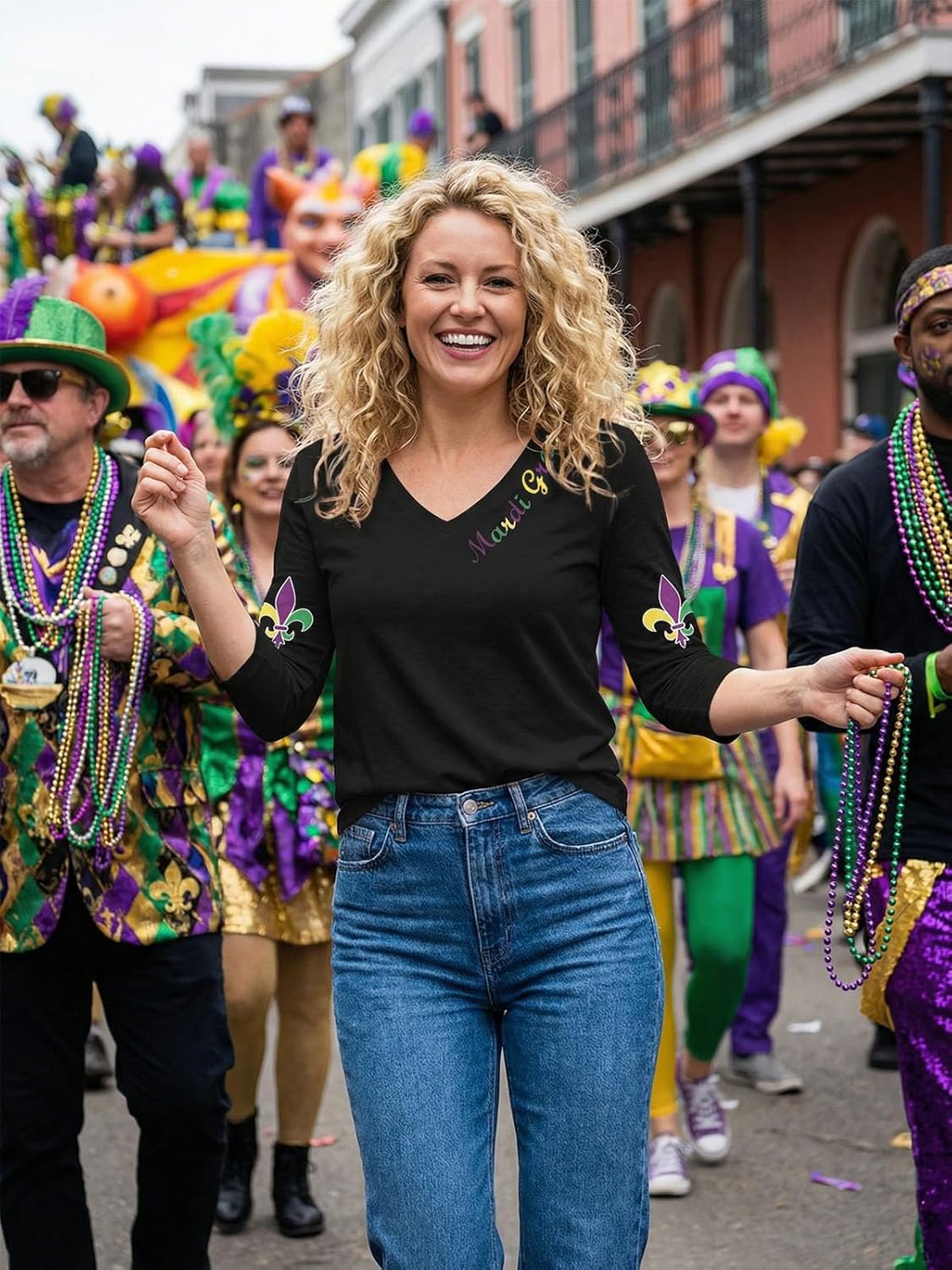 Mardi Gras Shirts for Women 3/4 Sleeve Fat Tuesday Tshirt V Neck New Orleans Carnival Themed Party Outfit - Image 4