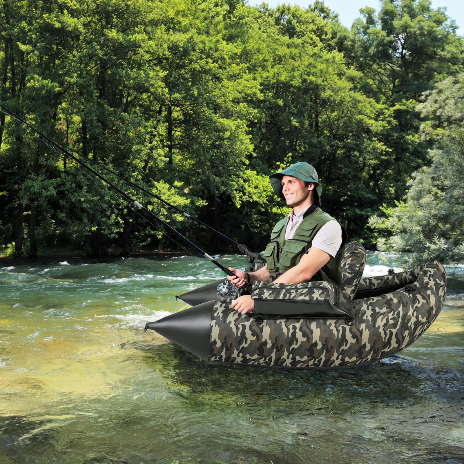 GOPLUS Barco de Pesca Inflable, Barca Hinchable con Respaldo y Correas Ajustables, Bomba Manual, Remo, Aletas, Soporte para Caña de Pescar, Regla de Peces, Almacenamiento, Carga 150 KG, Camuflaje