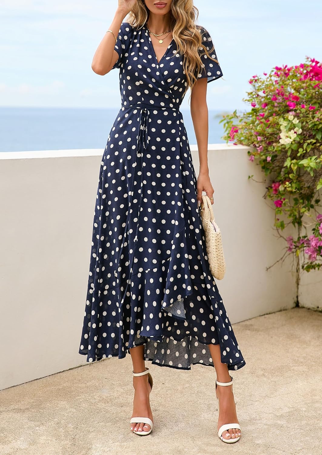 PRETTYGARDEN Women's Boho Floral Maxi Dress Summer Short Sleeve Wrap V Neck Long Flowy Beach Vacation Wedding Guest Dresses