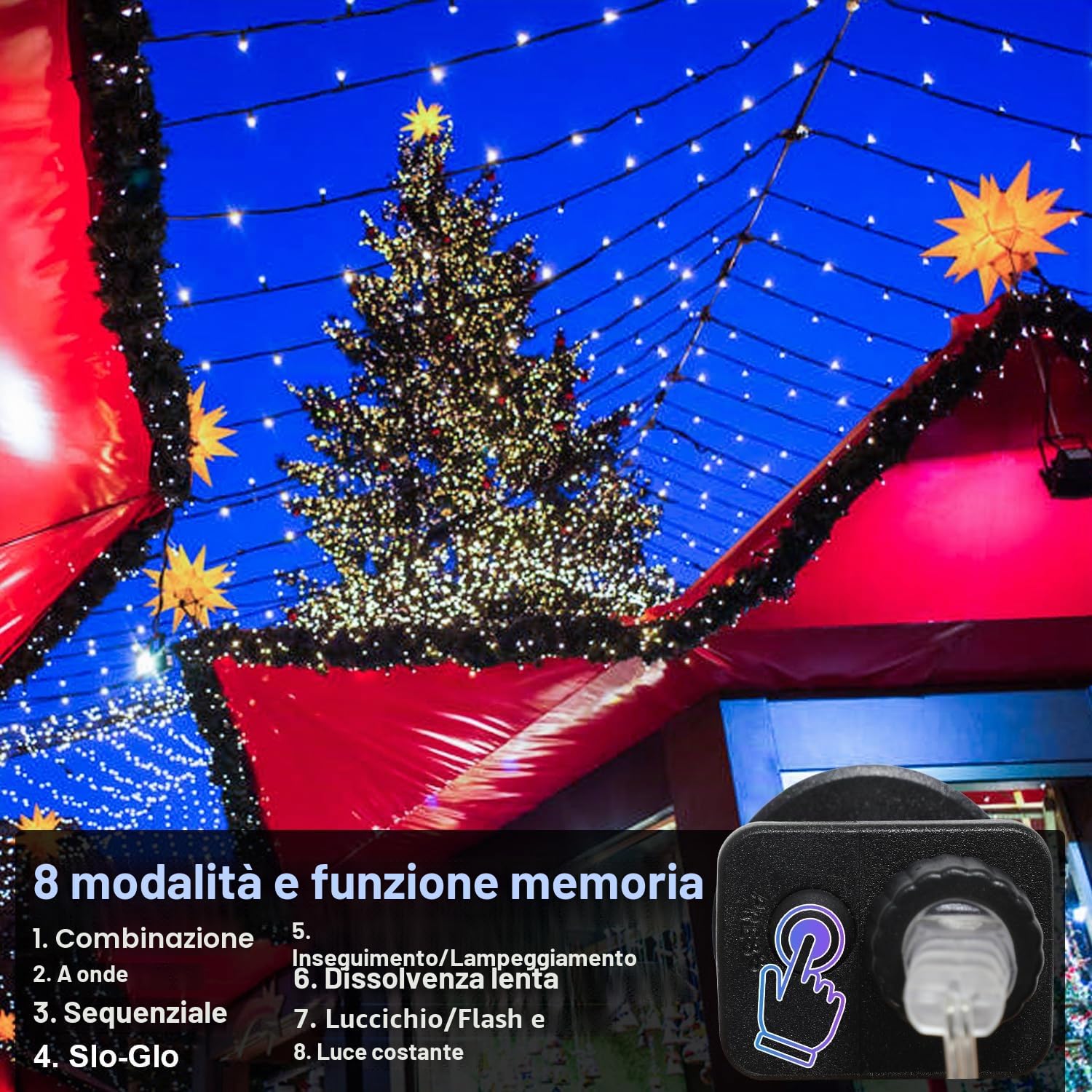 Fiqops Catena luminosa a LED per esterni, 200 m, 1000 LED, 8 modalità, IP44, impermeabile, con funzione memoria, per feste, matrimoni, giardino, balcone, Natale, bianco freddo, filo verde scuro