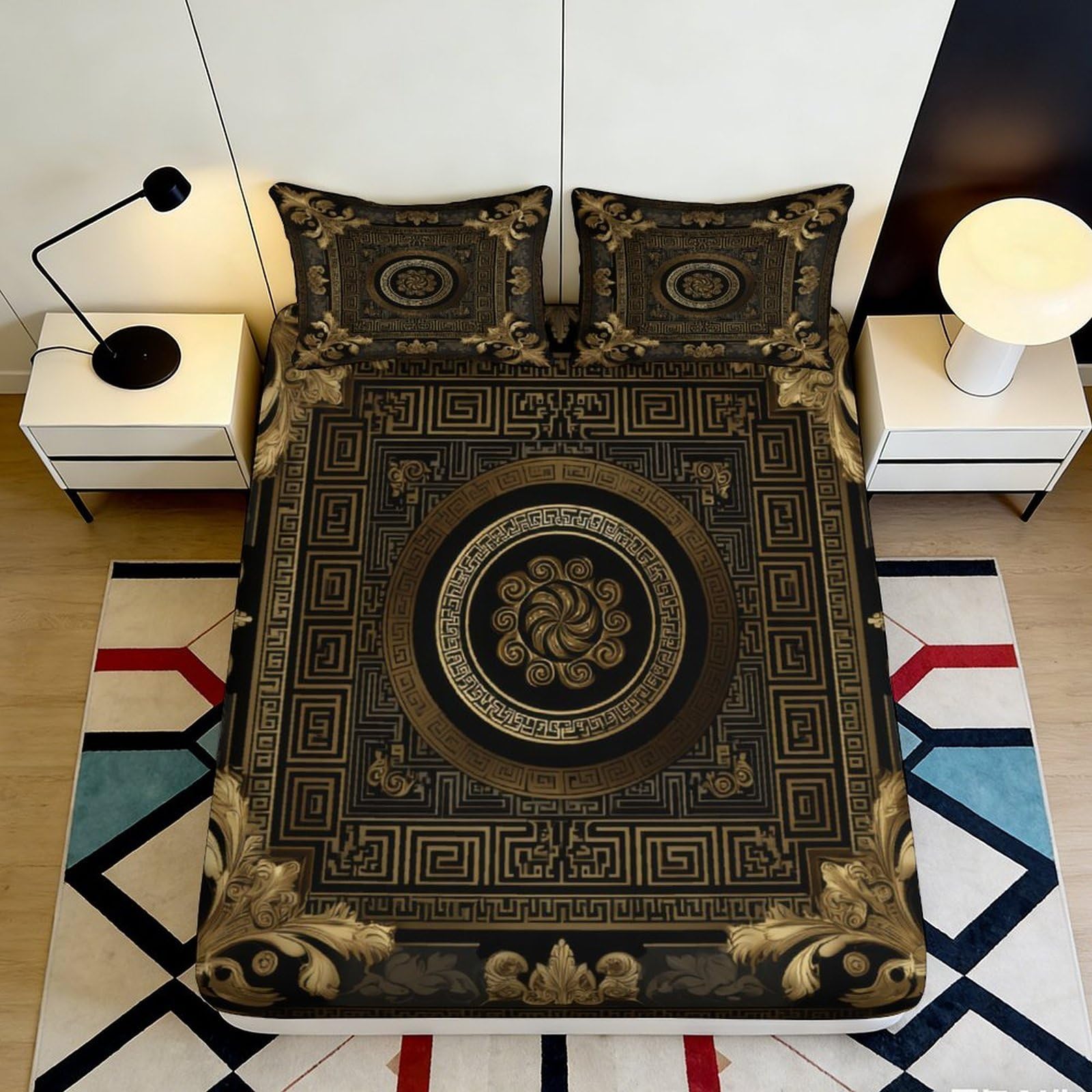 Pnayamiorkfel Style-5 3D Printed Baroque Black Gold Fitted Sheet Microfiber Ornamental Geometric Bed Cover For Bedroom Guest Room Mattress Decor 90X200x25cm