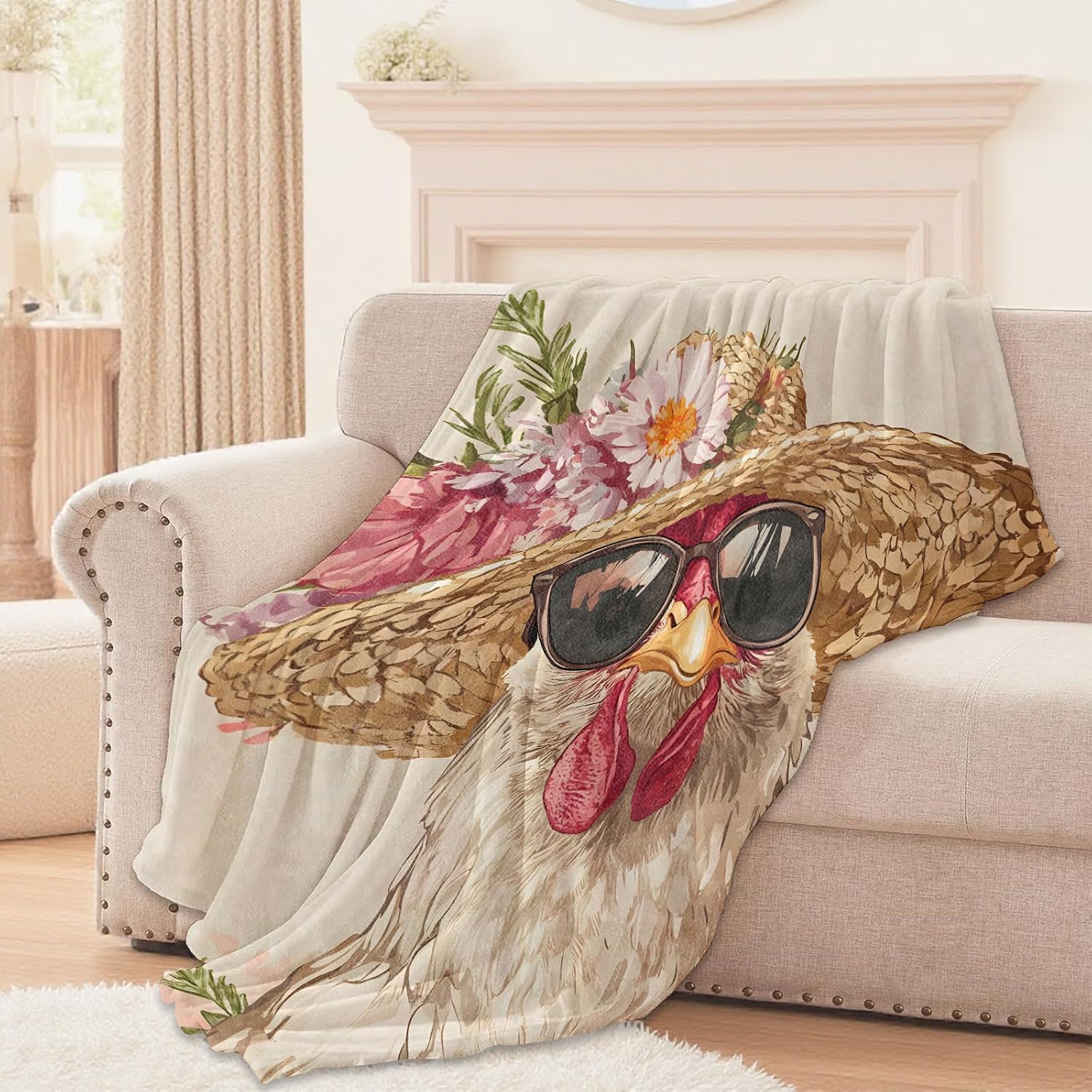 Stylish Chicken Blanket, Lightweight Comfy Funny Chick in Straw Hat Blankets for Couch Sofa Bedroom, Soft Plush Travel Flannel Throw Blanket Gifts for Women Adults Kids, Home Decor 60×50in