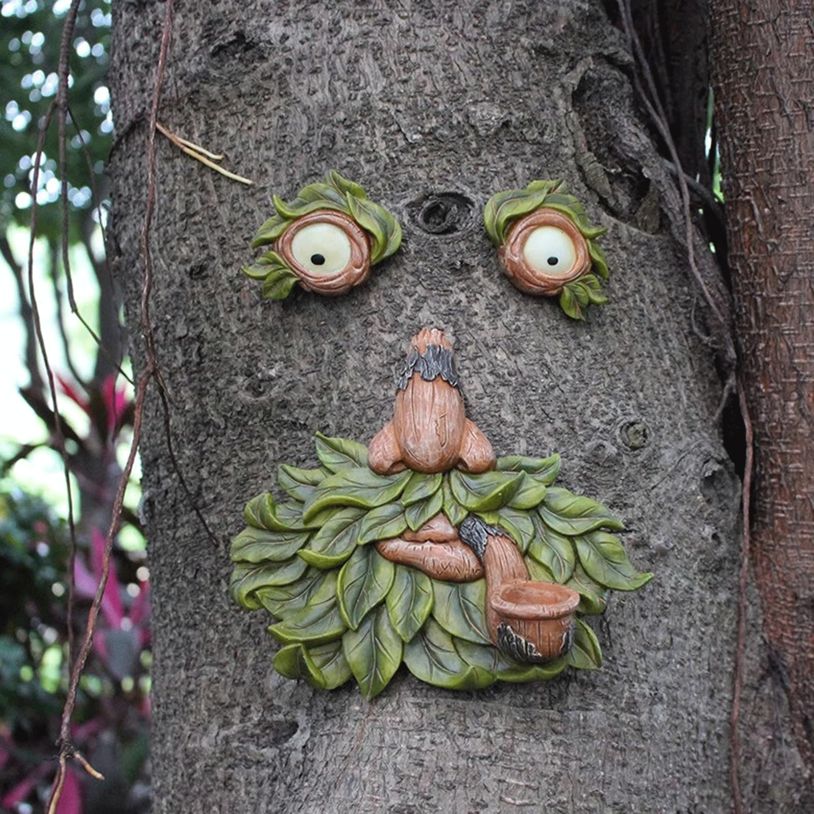 Statua da giardino per esterni con faccia di albero, occhi che si illuminano al buio, scultura creativa per feste, cortile, arte in resina, decorazione da giardino, decorazione per