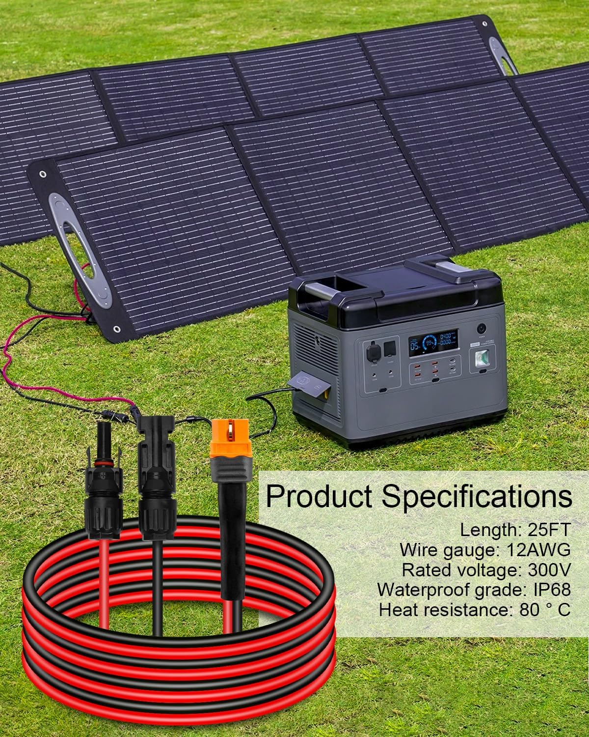 Upgraded 12AWG 25FT Solar to XT60i Charging Cable for Portable Power Station Solar Generator, Waterproof IP68 Adapter Connecting Harness