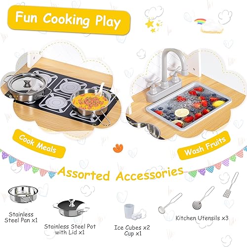 Miniatura 6 de Juego de cocina, cocina de madera para niños pequeños con grifo, fregadero, máquina de hielo, juguetes de cocina, alturas ajustables, estufa, cocina