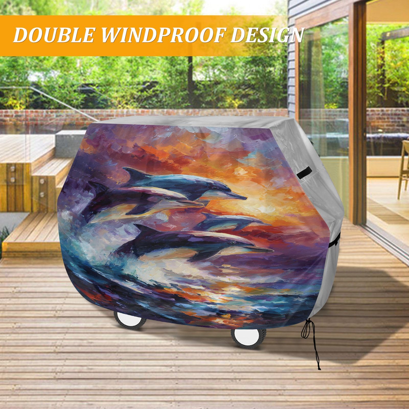 Copertura per barbecue di alta qualità, impermeabile, resistente allo sbiadimento, resistente, adatta per griglie fino a 63 cm, pittura a olio, delfini, tramonto
