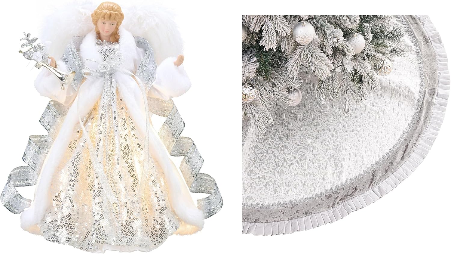 Valery Madelyn Lighted Christmas Angel Tree Topper with Timer&Christmas Tree Skirt for Tree Decorations(2 Items Buddle)