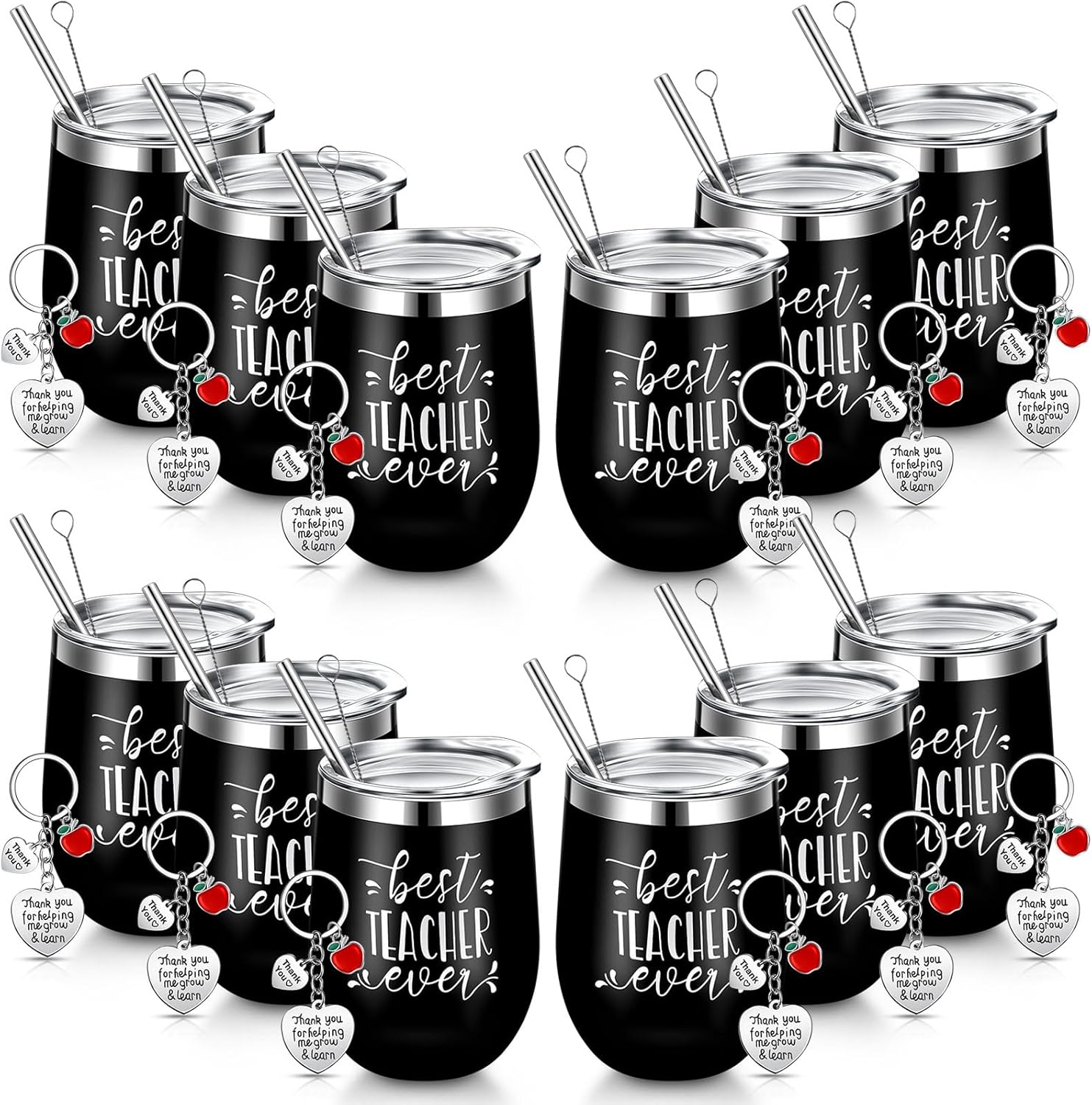 24 Pcs Teacher Appreciation Gift Sets 12 Oz Teacher Wine Tumbler for Women Thank You Birthday Graduation Gifts 12 Best Ever Cup and 12 Keychain(Black)