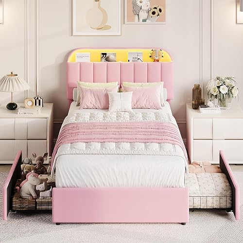 Twin Velvet Bed Frame with 2 Drawers, RGB LED Headboard